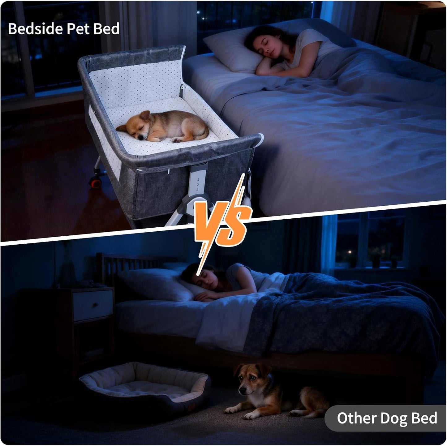 YUEPET Bedside Dog Bed Sleeper, 6-Level Adjustable Pet Bassinet with Lockable Wheels, Removable Washable Cover, Breathable Mesh & Large Storage Extension for Small Medium Dogs Cats (35'' × 21.7''