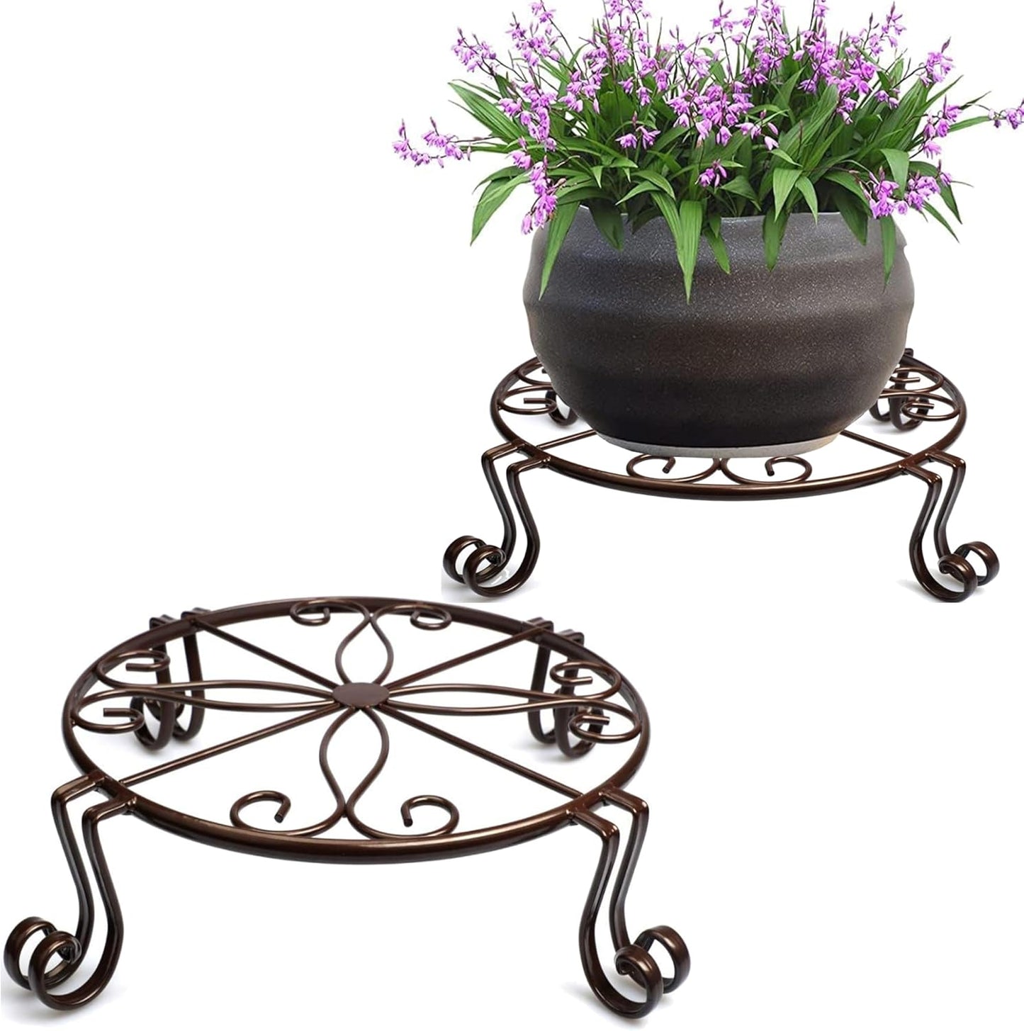 2 Pack 12" Plant Stands, Heavy Duty Rustproof Metal Plant Holders for Indoor and Outdoor Use, Wrought Iron Round Flower Stands for Patio, Balcony, and Garden (Bronze)