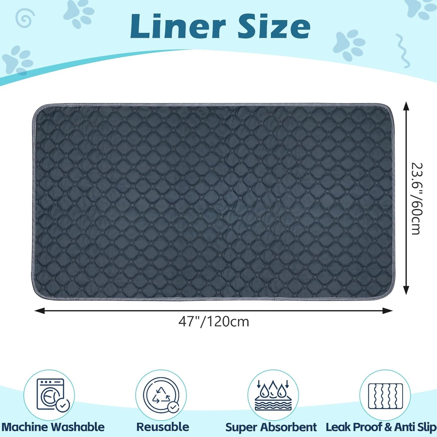Reusable Guinea Pig Cage Liners, 47" x 24" (Pack of 2) Washable Pee Pads , Super Absorbent & Waterproof & Anti-Slip Pet Bedding Liner for Dogs, Bunny, Small Animals (Gray)