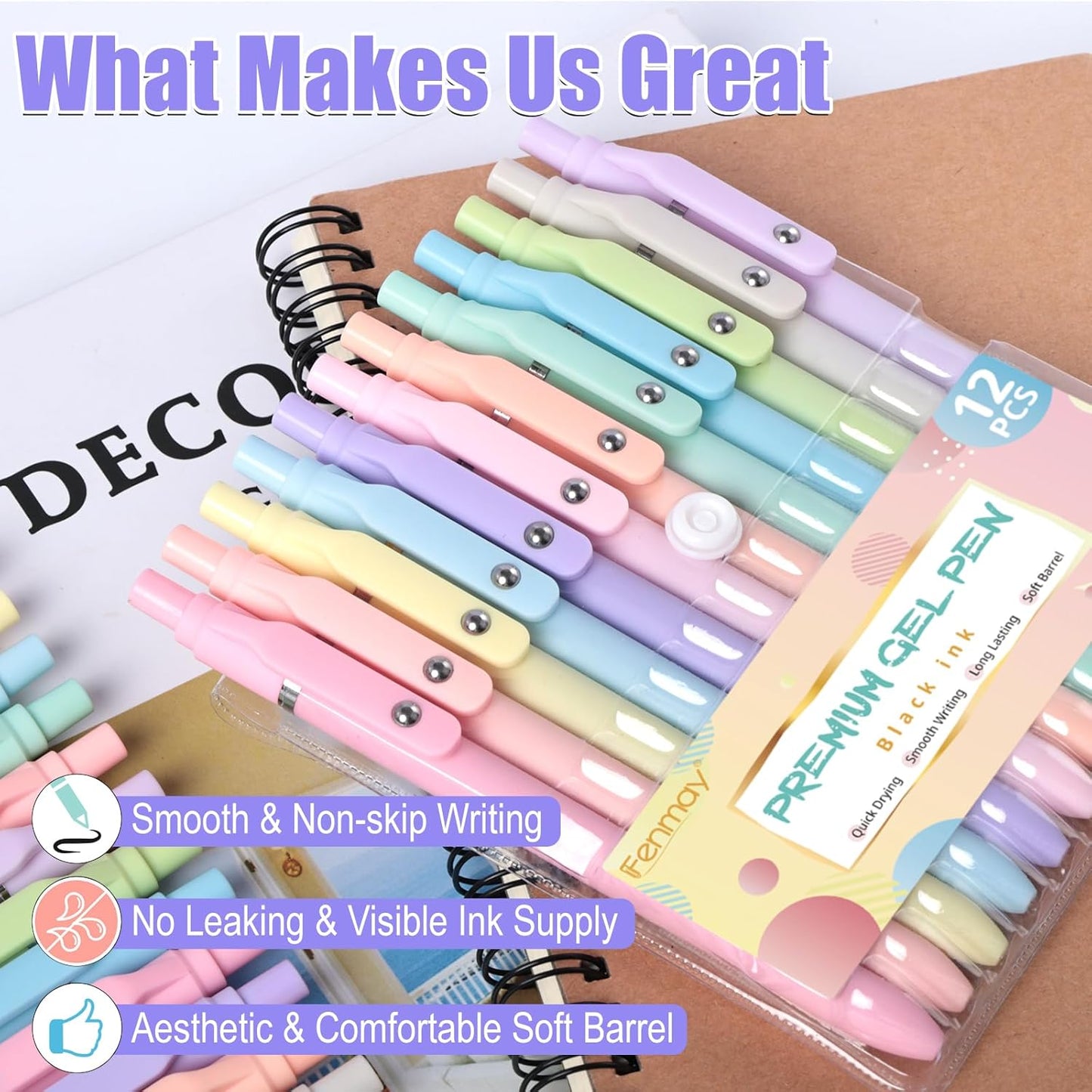 Gel Pens, 12 Pcs 0.5mm Fine Point Aesthetic Pens, Quick Dry No Smudge, Smooth Writing Comfortable Grip Pen, Cute Black Ink Journaling Pens for School Supplies Office Desk Accessories