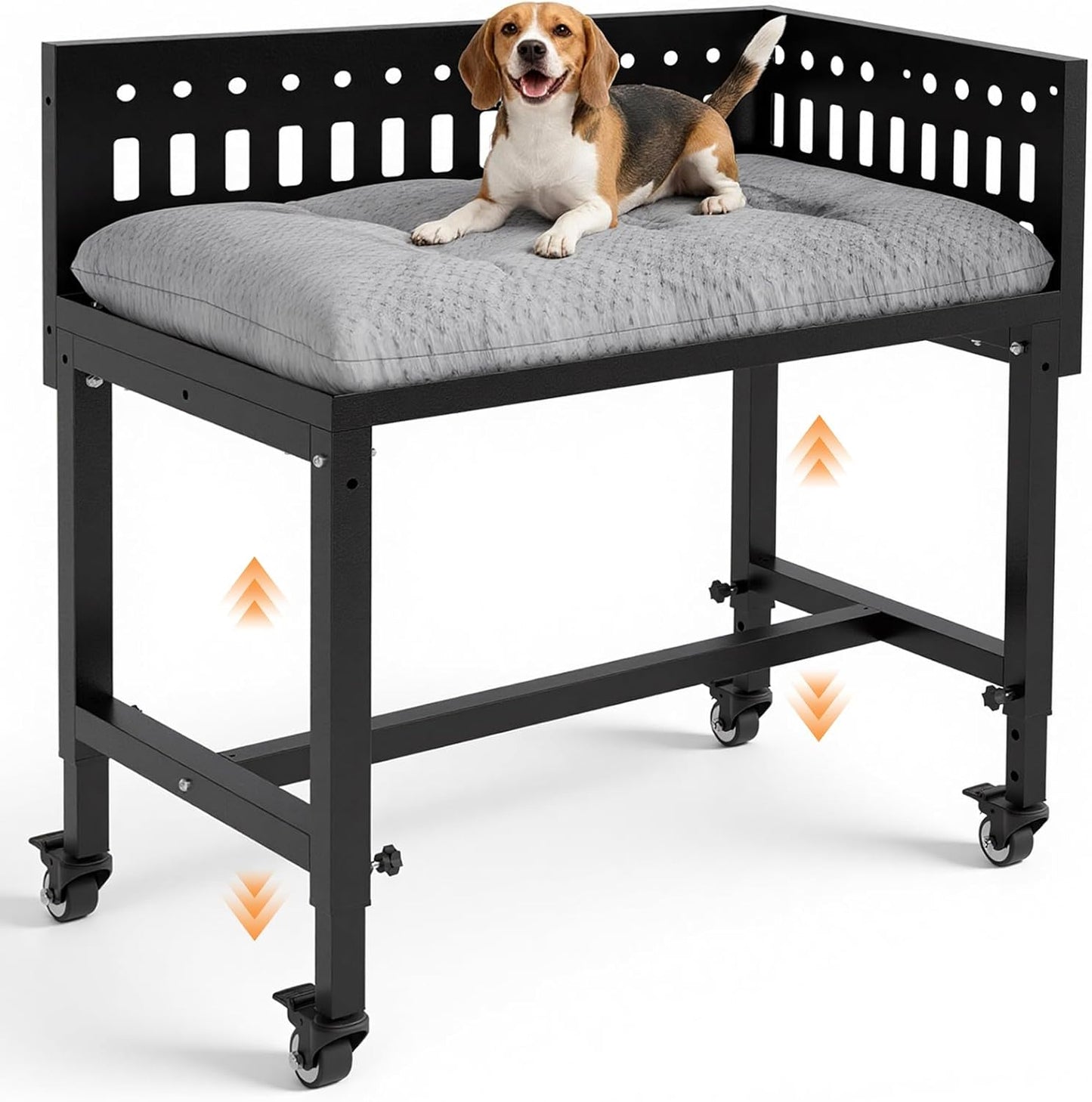 Beside Dog Bed,2 Panels Adjustable Height Dog Bunk Beds,26.8”x18.1” Metal Frame & Cushion, Converts to Bunk Bed or Bed Extension Attachment for Human Bed, for Small/Medium Dogs