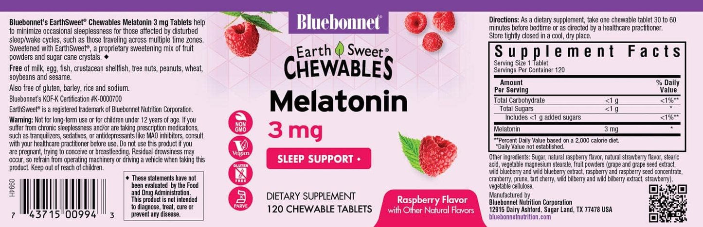 Bluebonnet Nutrition EarthSweet Melatonin 3 mg Fast-Acting Quick Dissolve Nighttime Relaxation & Restful Sleep Support - Sleep Aid - Gluten-Free, Vegan - Raspberry Flavor - 120 Chewable Tablets