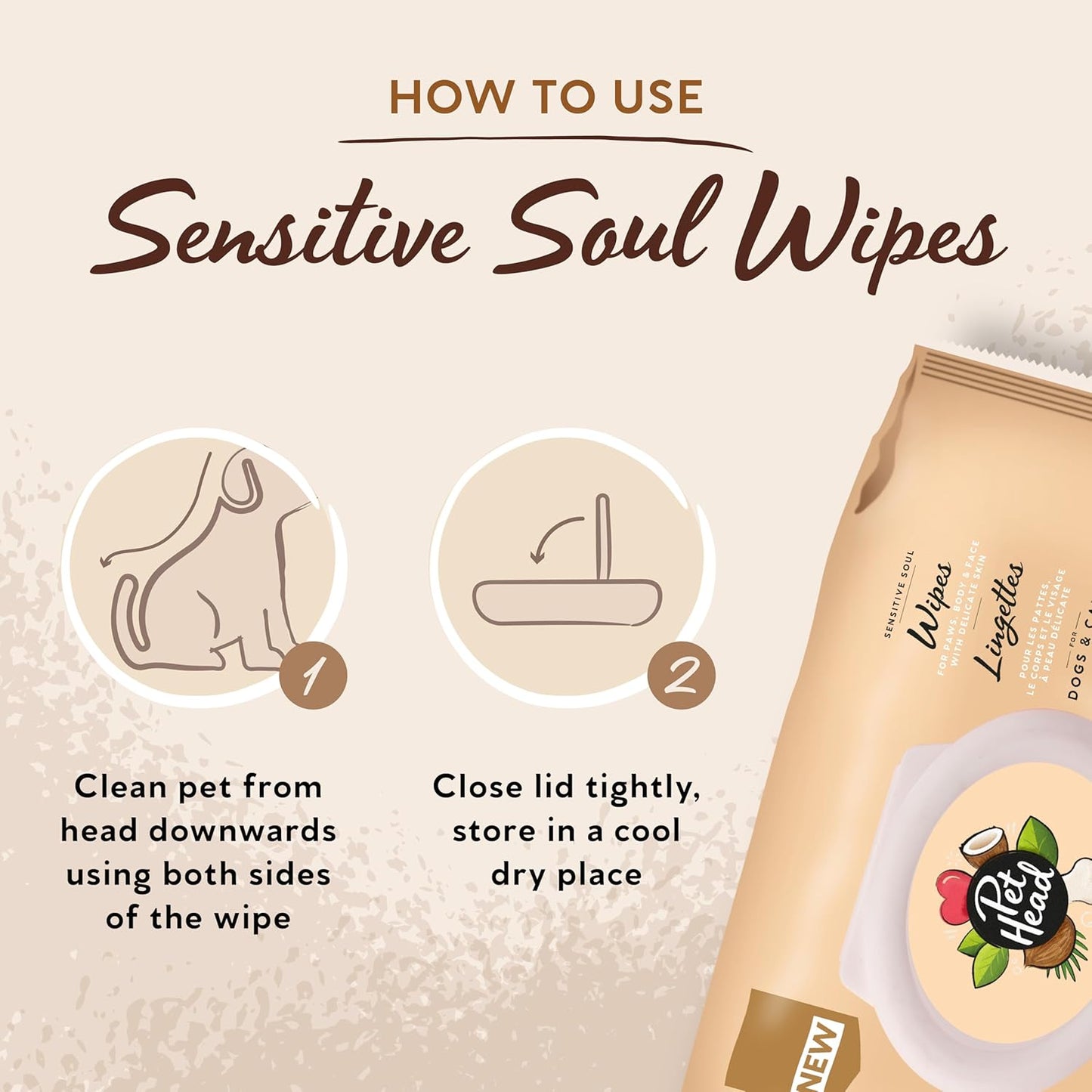Pet Head Sensitive Soul Dog & Cat Wipes for Paws, Body & Face | Coconut Scent with Aloe Vera | Biodegradable, Plant-Based and Plastic-Free Wipes | an Easy & Speedy Freshen-Up | Made in USA | 100 Pack