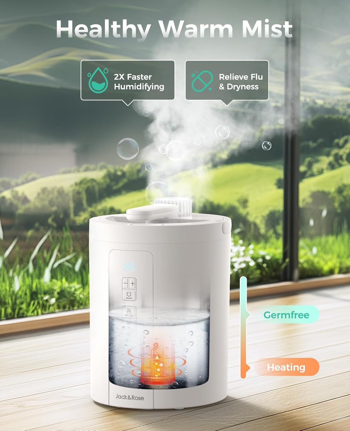 3L Stainless Steel Humidifier for Bedroom, Warm Mist Humidifiers Easy Clean, Steam Humidifier for Living Room, Whisper-Quiet and Filterless, with Sleep Mode and Timer, Auto-off Setting