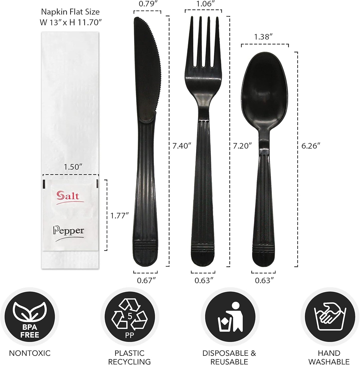 Party Essentials Individually Wrapped Black Plastic Cutlery Packets/Heavy Duty Silverware Kits, Fork/Spoon/Knife/Napkin/Salt/Pepper, 100 Sets