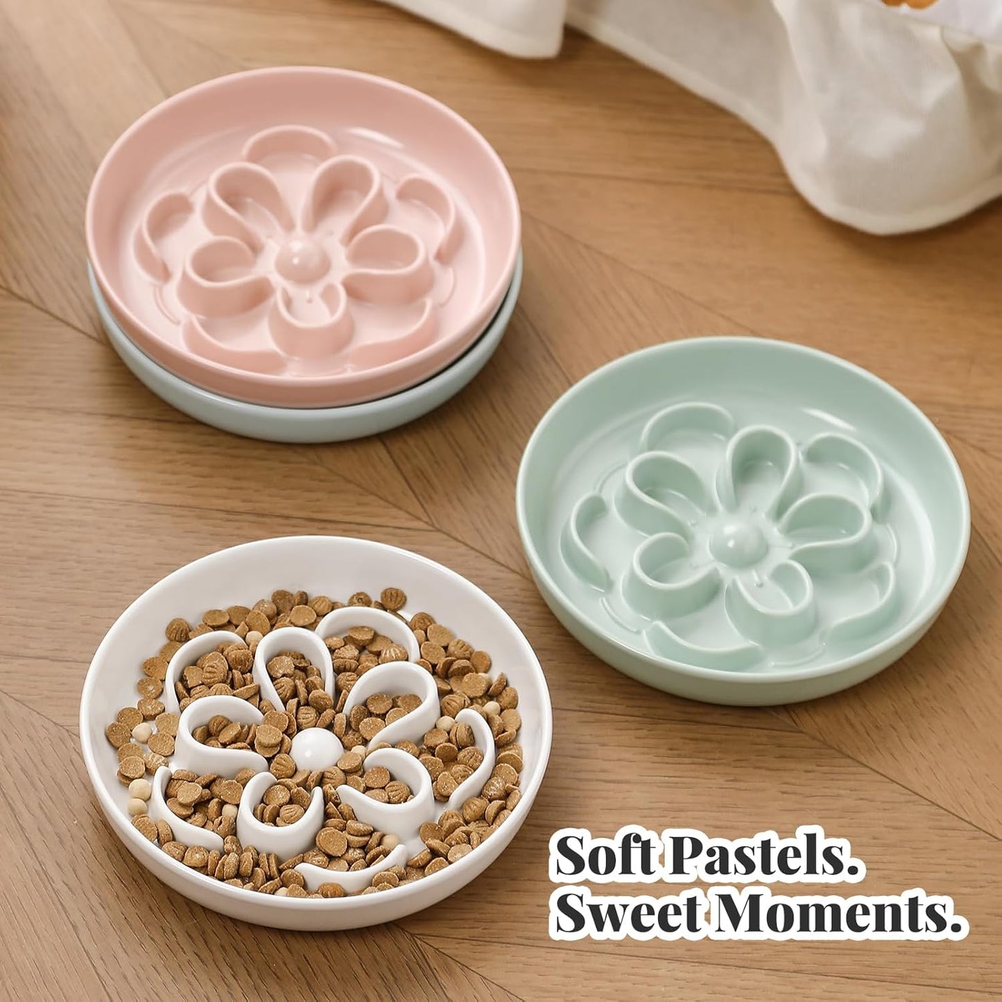 Melamine Cat Slow Feeder Bowl - Floral Maze Cat Food Dish - Flat Plate for Dry & Wet Food - Cute Kitten Bowl - Dishwasher Safe - 6.3'' W x 1'' H - 5.5 oz (160g) - White