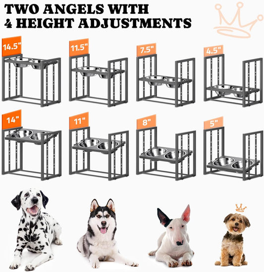 Elevated Dog Bowls for Medium Breed: 4 Height Adjustable Raised Dog Bowl Feeder Station with 2 Stainless Steel Bowls, Grey