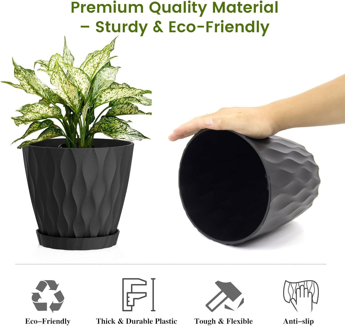 8 Inch Plant Pots, 2 Pack Plastic Planters for Indoor Outdoor with Drainage Holes & Saucers, Waffle Texture Flower Pots for Indoor Plants, Indoor Plant Pots for Monstera, Fiddle Leaf Fig, Black