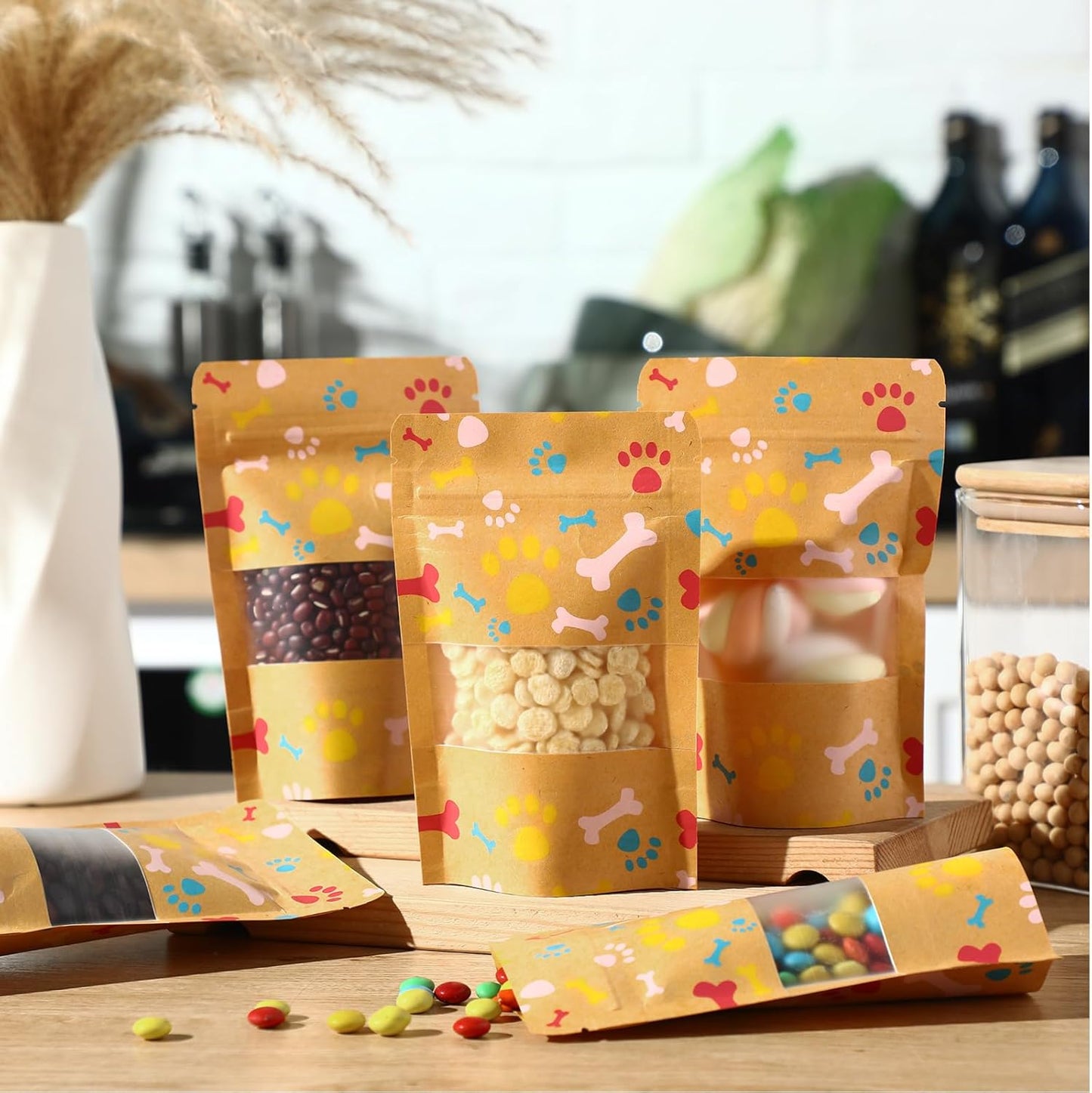 200 Pcs Paw Dog Treat Bags Puppy Party Favor 3.5" x 5.5" Paw Gift Bag Resealable Stand up Kraft Paper Zipper Pouch Dogs Packaging for Homemade Treats, Food-safe Material