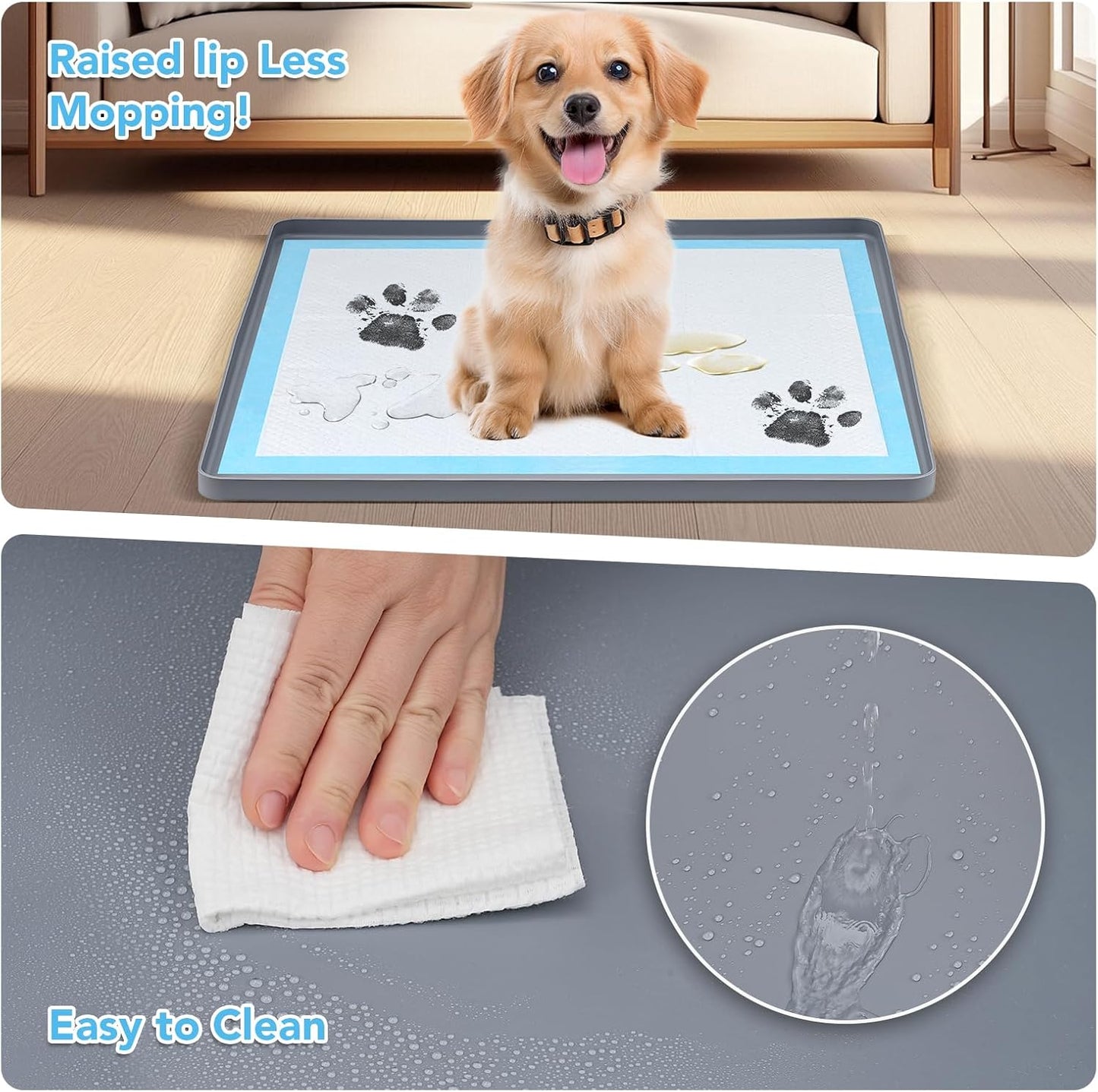 Pee Pad Holder for Dogs, Dog and Puppy Pee Pads Holder, 24"x24" Non-Slip & Leak-Proof & Portable Silicone Mat with Raised Edge Design, Square Puppy Potty Training Tray for Home Floor Protection(Grey)