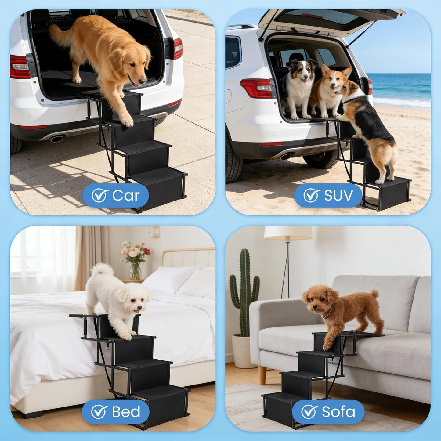 Extra Wide 4 Steps Dog Vehicle Ramps | Portable Non-Slip Pet Stairs for Cars, Trucks & SUVs | Folding Dog Ladder for High Beds | Supports Up to 200 Lbs