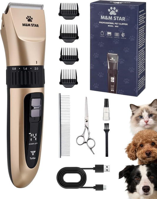 M&M STAR Dog Grooming Kit, Low Noise Dog Clippers, 2-Speed IPX7 Waterproof, Rechargeable Cordless Pet Hair Clippers Trimmer Shaver with LED Display for Small Large Dogs Cats, Gold