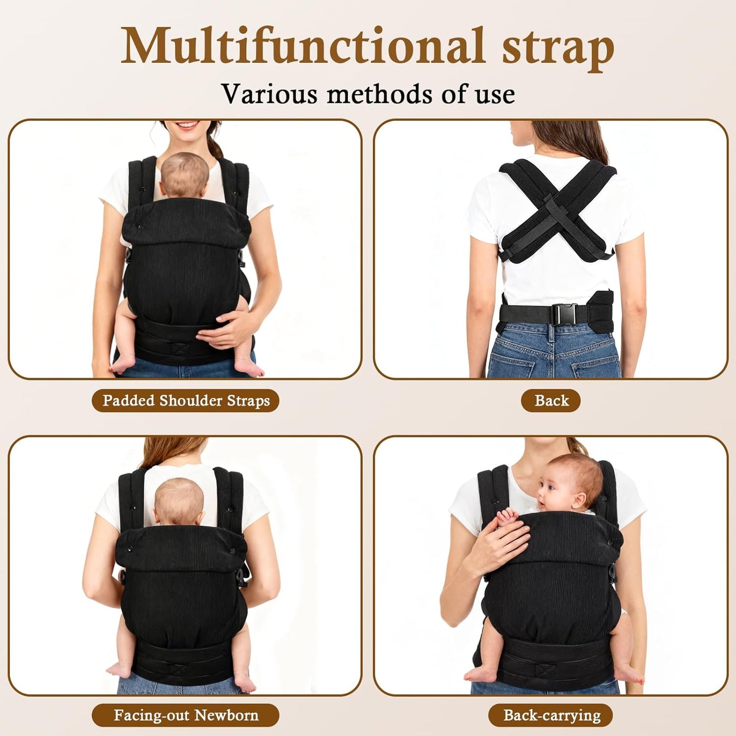 Baby Carrier, Adjustable Lightweight Carrier Newborn to Toddler 7-44 lbs, Infant Carrier with Lumbar Support Front & Back Carry - Black
