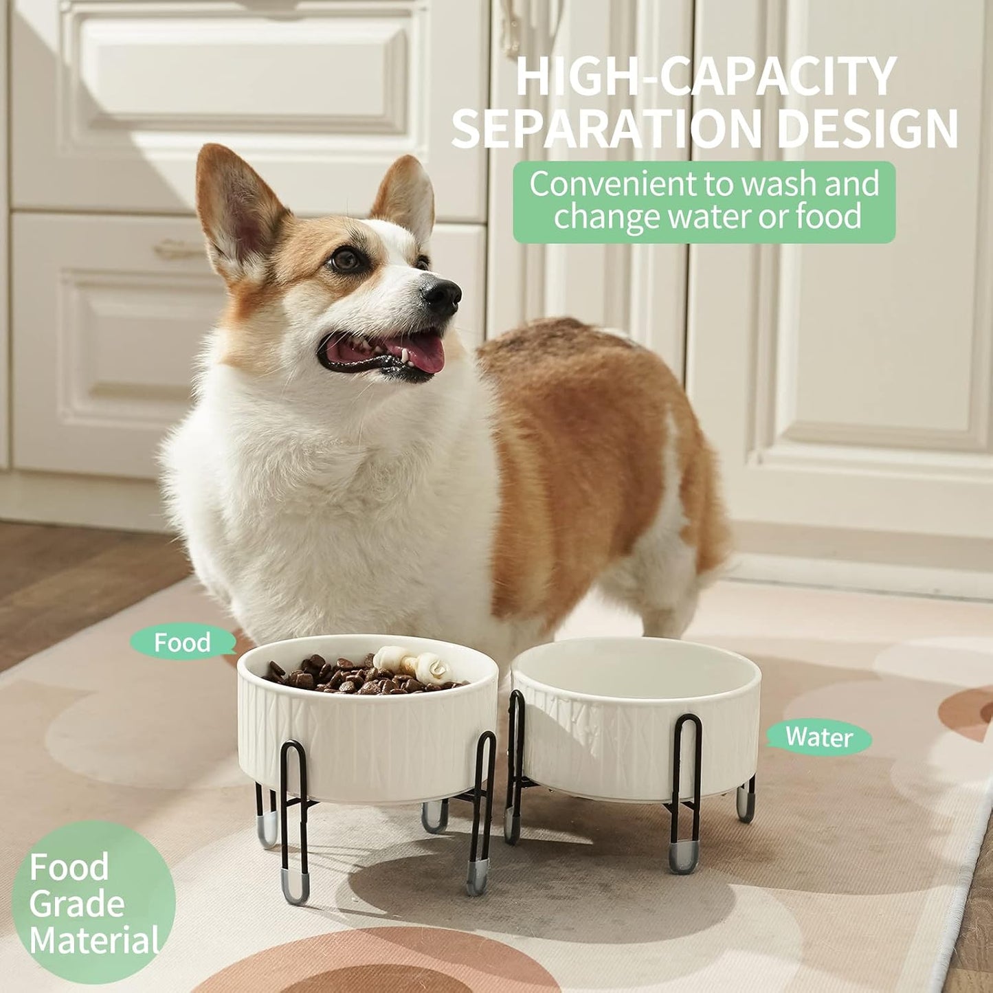 OMAYKEY 32 oz Ceramic Dog Cat Bowls with Elevated Metal Stand, 6.5 Inch Ceramic Round Pet Food and Water Feeder Bowl Dish for Cats & Dogs, White, Set of 2