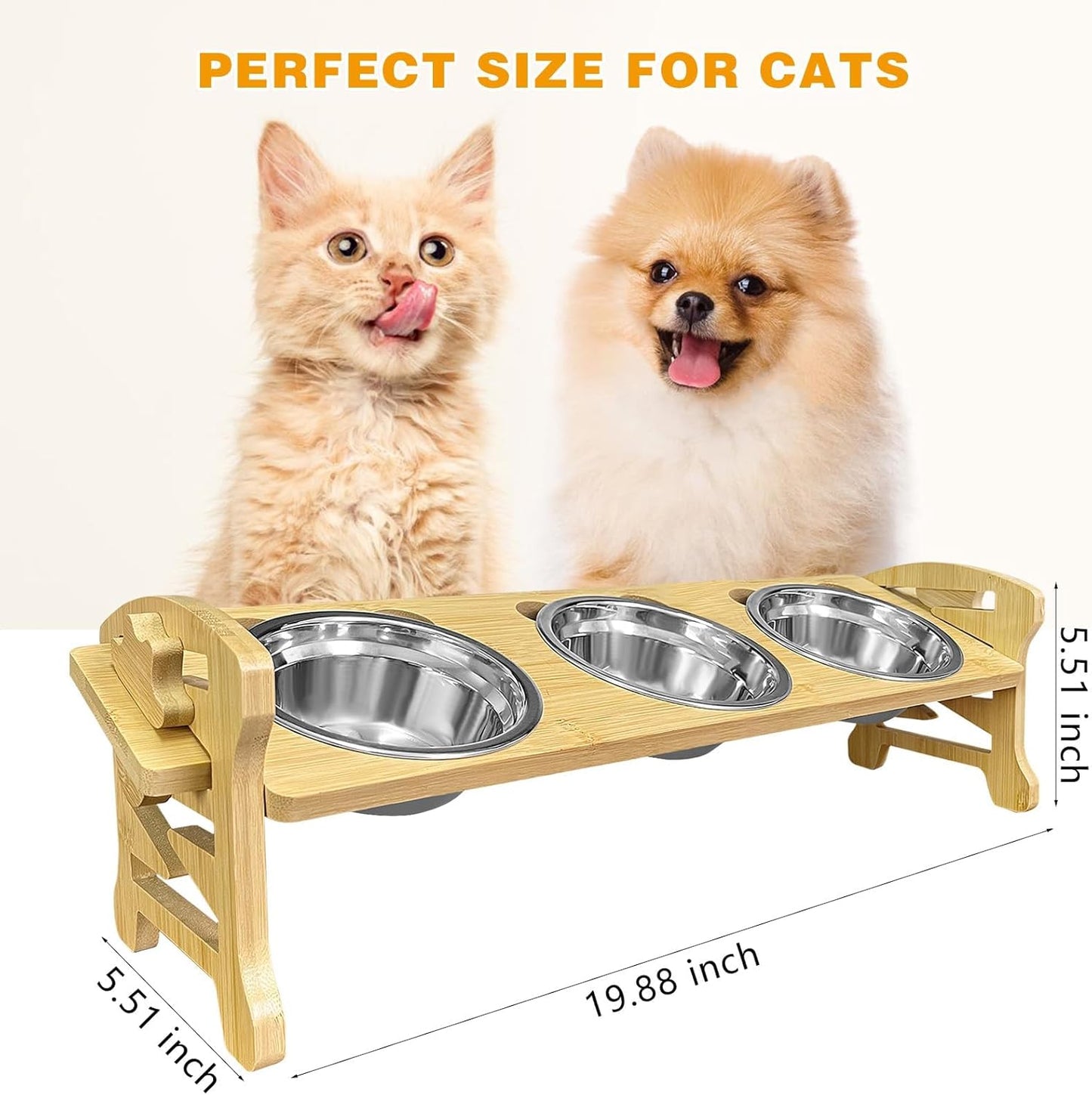 Elevated Cat Bowls 15° Tilted : 3-Pack Stainless Steel Food Bowls with Bamboo Stand - Anti-Overflow, Dishwasher Safe, 6 Adjustable Heights and Whisker Fatigue Relief for Indoor Cats