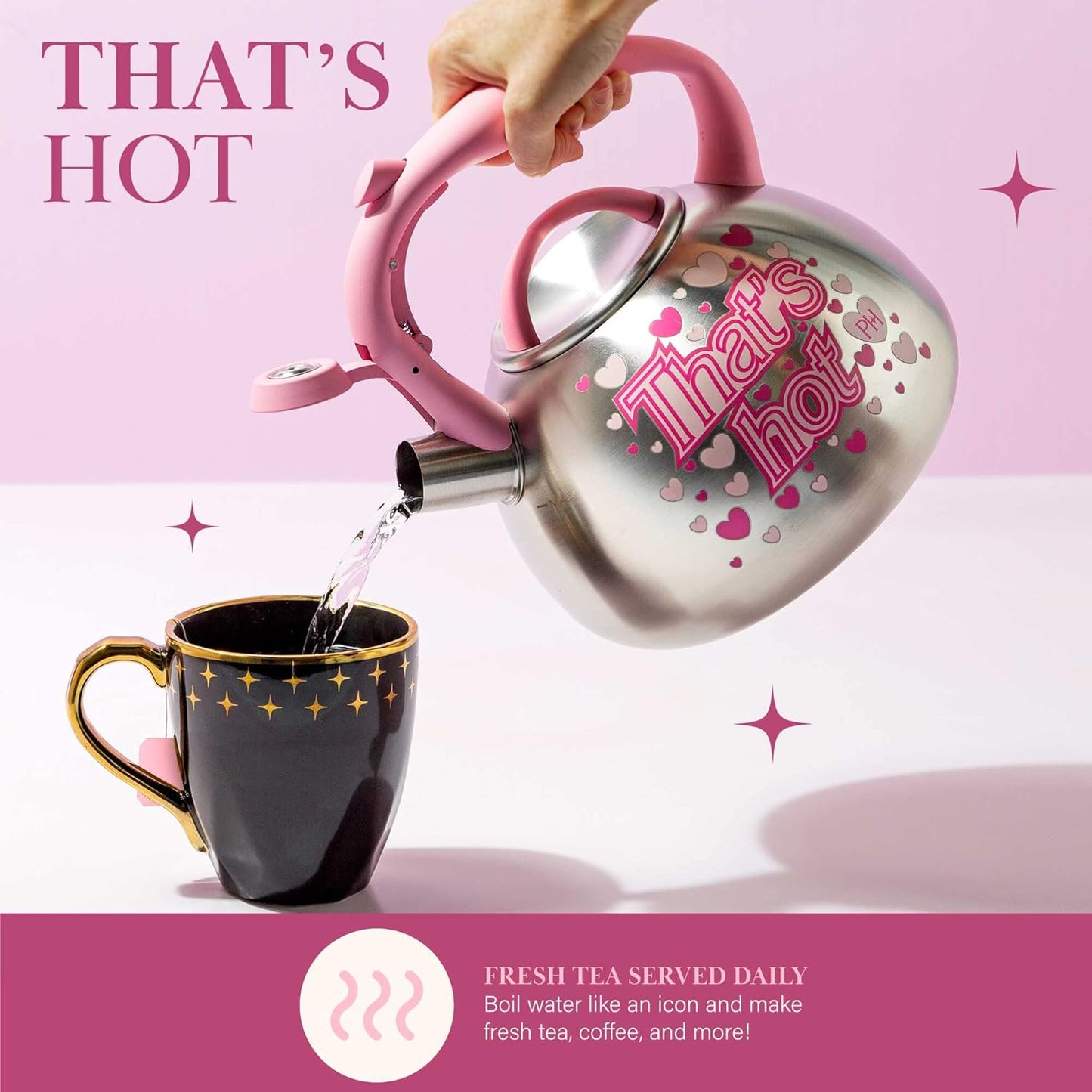 Paris Hilton Whistling Stovetop Tea Kettle, Stainless Steel with Color Changing "That's Hot" Heat Indicator Design, Soft Touch Handle, 2.5-Quart, Pink
