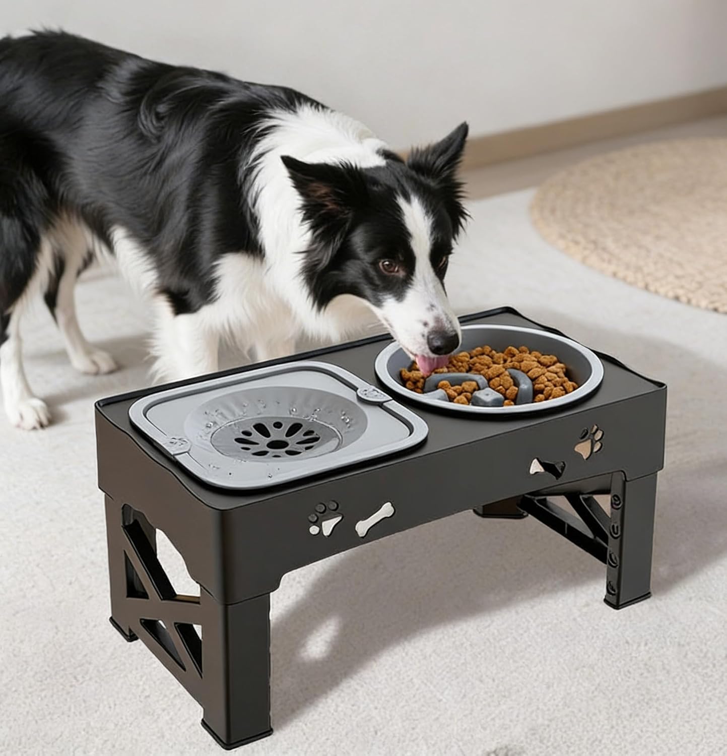 Kaiyue 2-in-1 Elevated Slow Feeder Dog Bowls Stand with No Spill Water Bowl, 5 Height Adjustable Raised Dog Bowls ，Non-Skid Pet Food Feeding Set for Small to Large Dogs