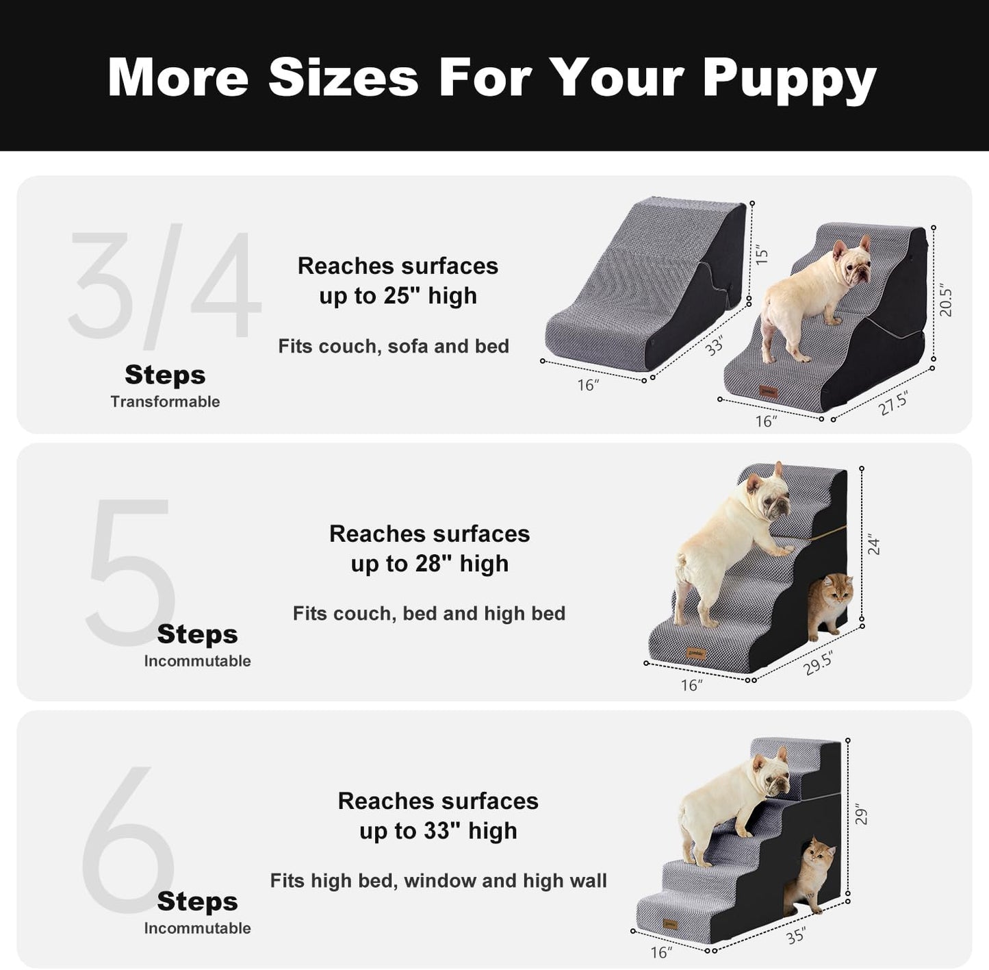 Dog Ramp for Bed - 21" H 2-in-1 Transformable 4 Steps Dog Stairs and Ramp, Pet Steps for Couch with Non-Slip Waterproof Cover, Black