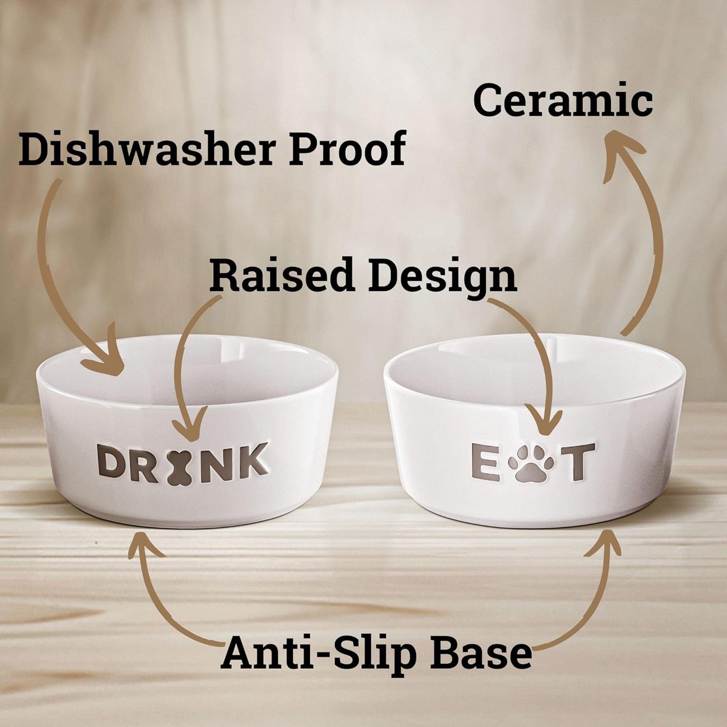 Ceramic Dog Bowl Set of 2 with Anti-Skid Base - 6.5" Wide x 2.5" Tall Ceramic Dog Bowls Medium Sized Dogs - 3.8 Cup Capacity Food and Water Bowls for Dogs - Rubber Bottom Pet Bowl Set of 2 Medium Size