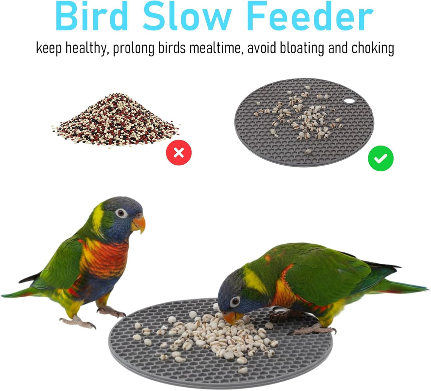 2 Pcs Bird Slow Feeder Mats, Interactive Foraging Mat, Extend Eating Time, Birds Toy for Parakeet, Cockatiel, African Grey, Conure (Blue & Grey)