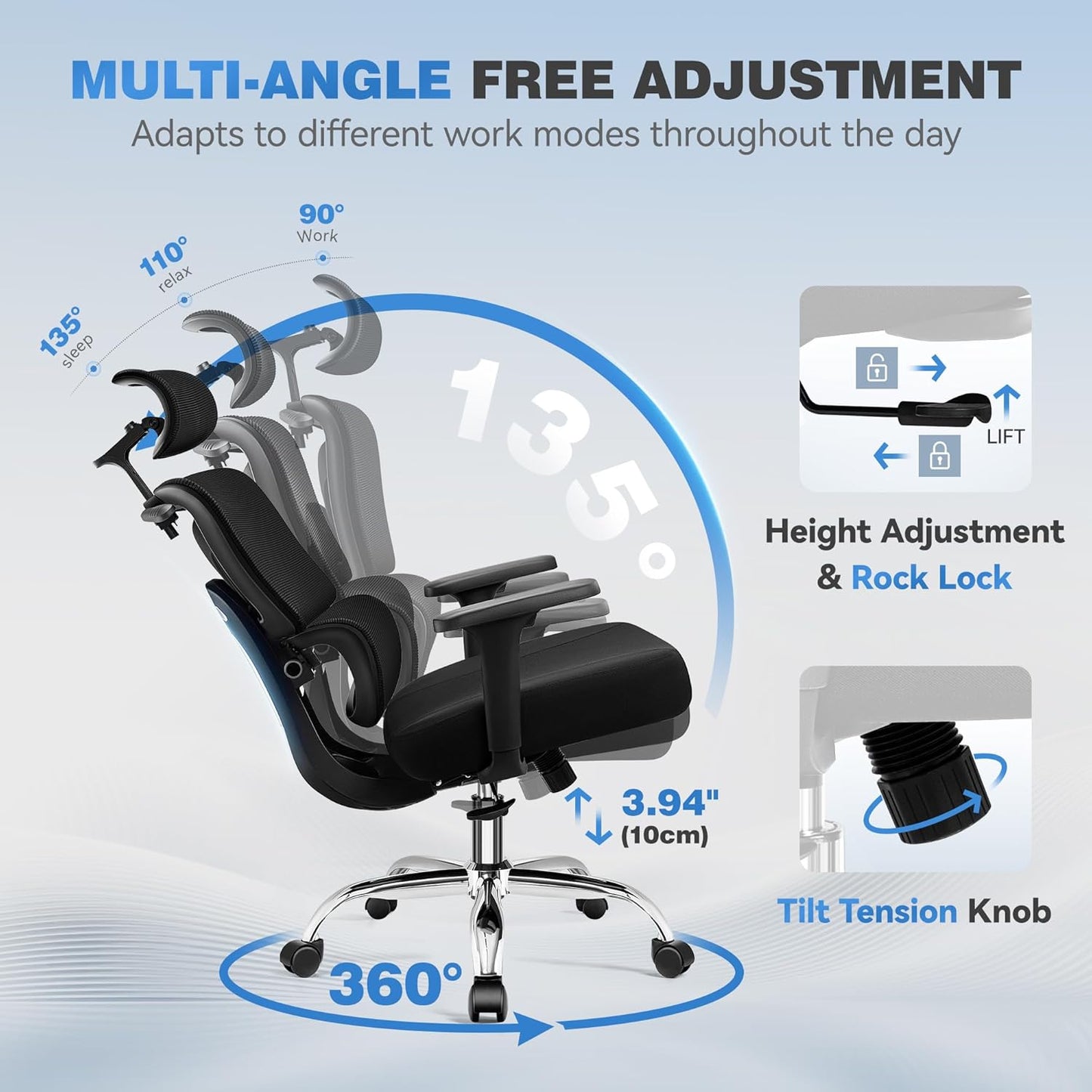 Ergonomic Office Desk Chair, High Back Mesh Office Chair with Adjustable Lumbar Support, 3D Headrest, Big and Tall Home Computer Desk Chairs Comfy for Work, Gaming, 300lbs, Black