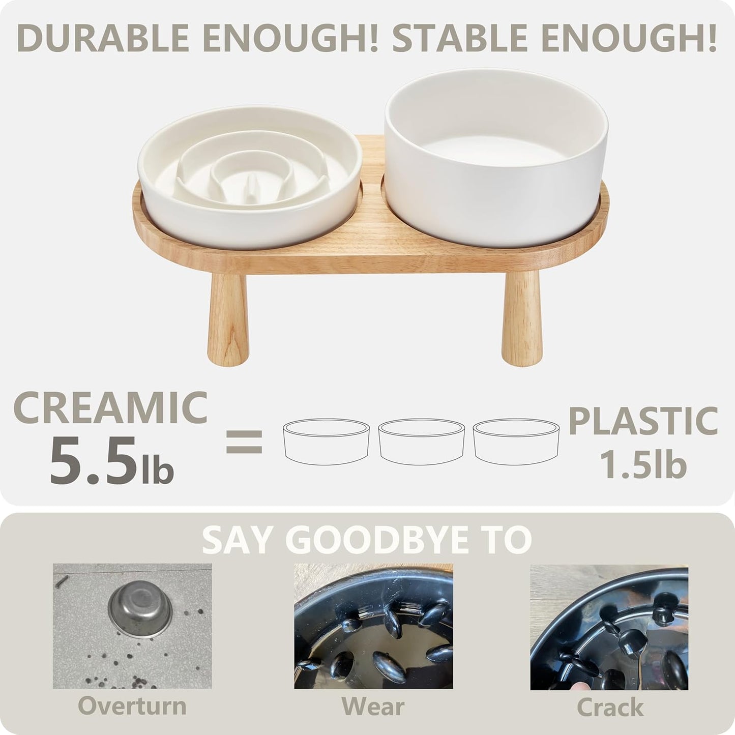 Ceramic Slow Feeder and Water Bowl Set for Small Dogs, 6.0 Inch Ceramic Dog Bowls Elevated with Wooden Stand, 0.6 Cups Dog Slow Feeder(14oz) and 30oz Water Bowl Set, White