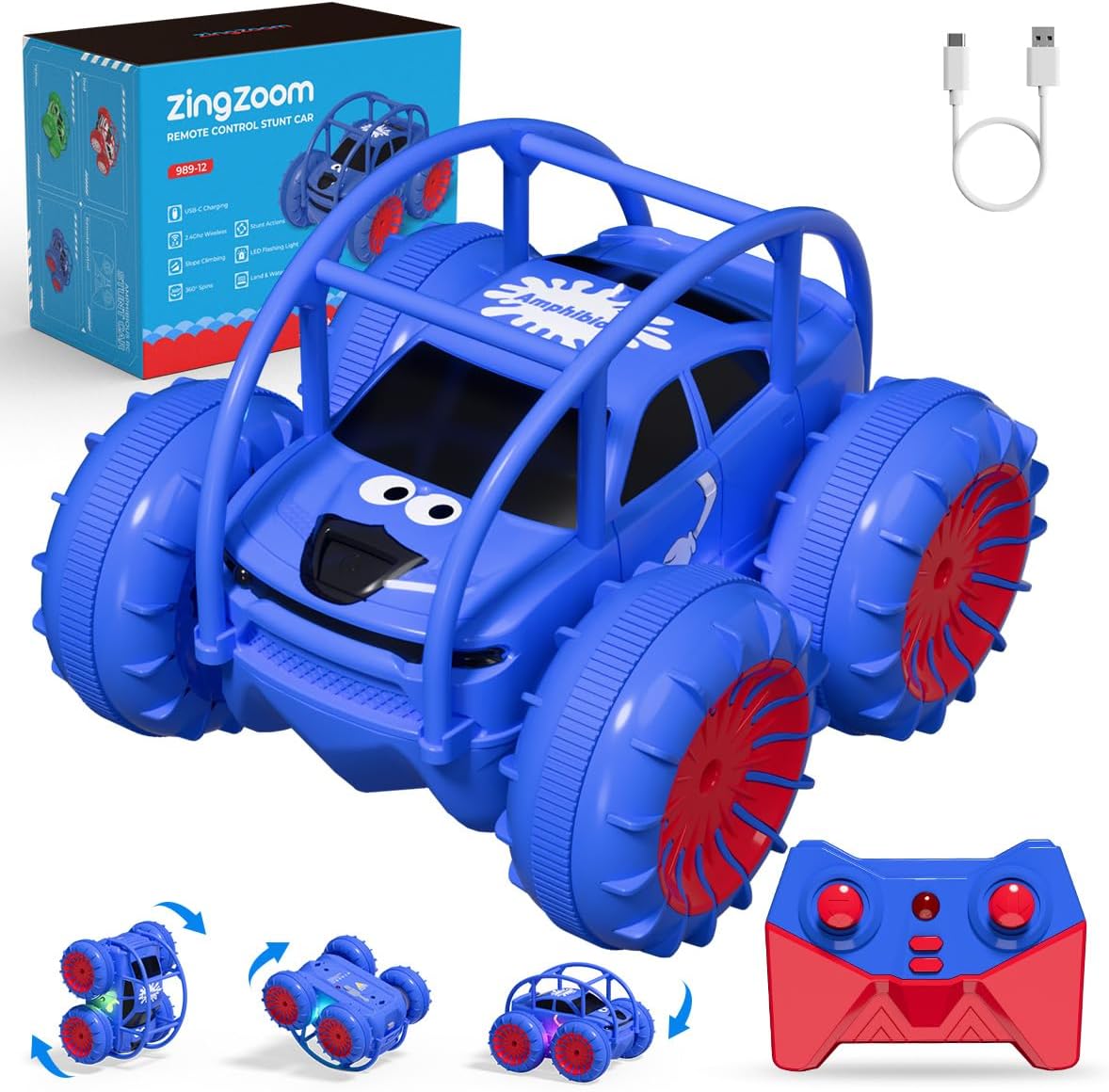 Remote Control Car, Fast Direct Charging RC Cars Amphibious 360° Rotating LED Rechargeable Stunt Car 2.4Ghz 4WD All Terrain RC Race Cars Toy Christmas Birthday Gift for Kids Boys Girls Aged 3-12 years