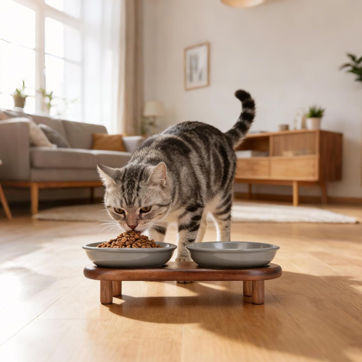 SPUNKYJUNKY Shallow Elevated Cat Bowl with Acacia Wood Stand Wide Raised Ceramic Cat Dishes Whisker Friendly Pet Food and Water Plates (Striped Pattern, Gray)