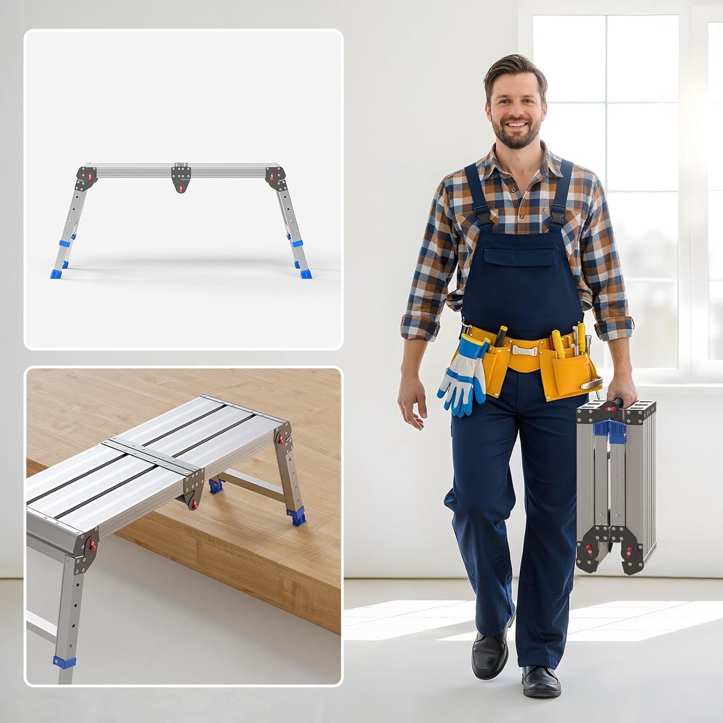 Folding Work Platform for Adults, Aluminum Foldable Step Stool Adjustable Height, Lightweight and Durable Portable Outdoor Aluminum Step Ladder, Maximum Load Capacity of 500 Pounds.