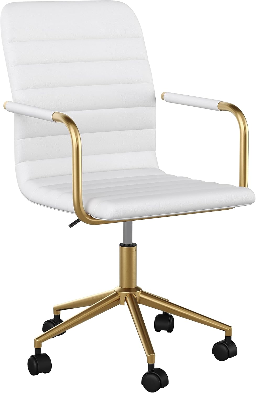 Martha Stewart Taytum Swivel Task Chair with Armrests for Home Office in White Faux Leather with Polished Brass Frame
