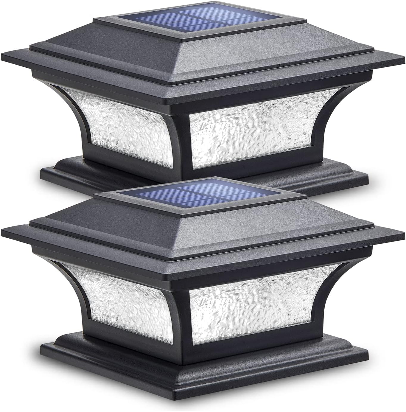SIEDiNLAR Solar Post Lights Outdoor Glass LED Fence Cap Light 2 Modes for 4x4 5x5 6x6 Posts Deck Patio Garden Decoration Warm White/Cool White Lighting Black (2 Pack)