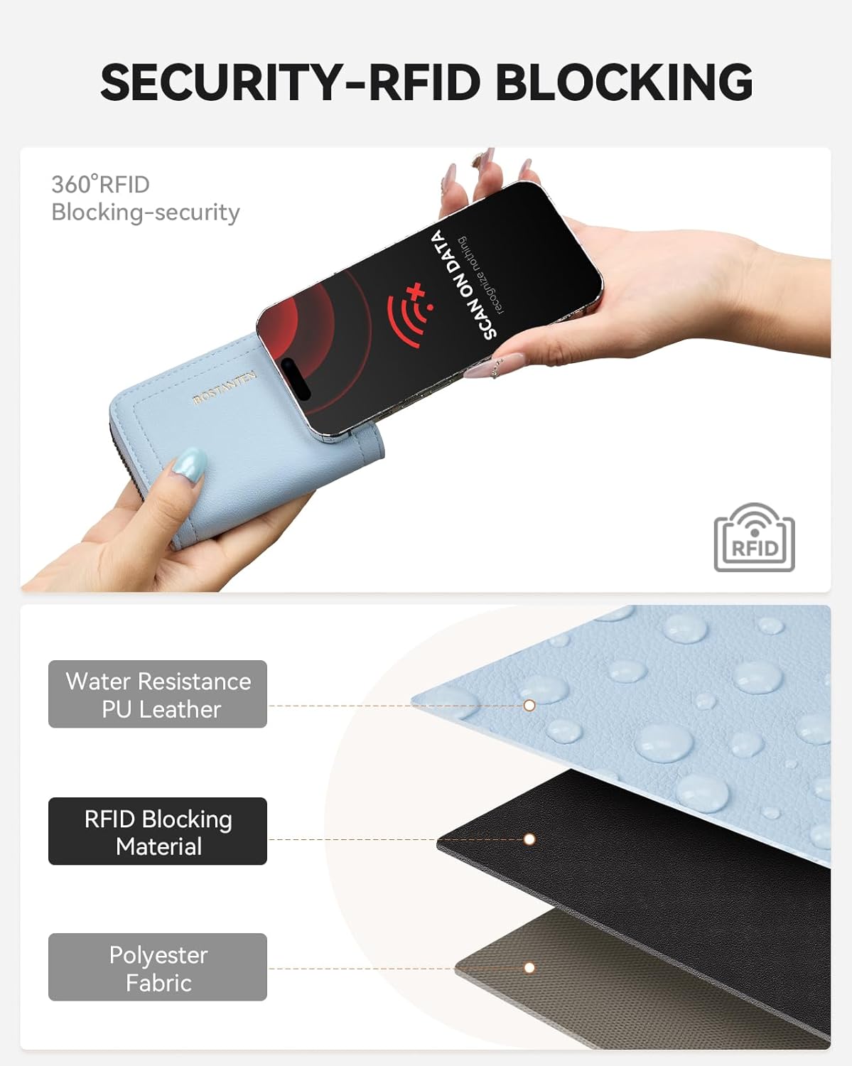 BOSTANTEN Credit Card Holder RFID Leather Small Wallets Woman, Accordion Zipper Card Wallet, Sky Blue