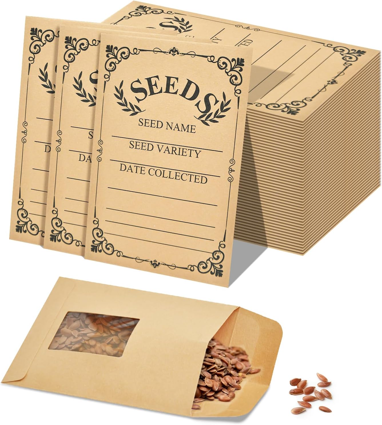 50-Pack Seed Packets Envelopes with Clear Window, 4.72 x 3.15 Inch Small Kraft Paper Seed Bags, Bulk Seed Storage Organizer with Preprinted Collecting Template for Garden Flower Vegetable Seeds Saving