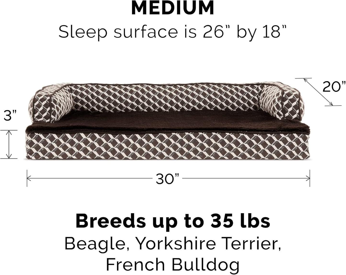 Furhaven Orthopedic Dog Bed for Medium/Small Dogs w/ Removable Bolsters & Washable Cover, For Dogs Up to 35 lbs - Plush & Woven Decor Comfy Couch Sofa - Diamond Brown, Medium