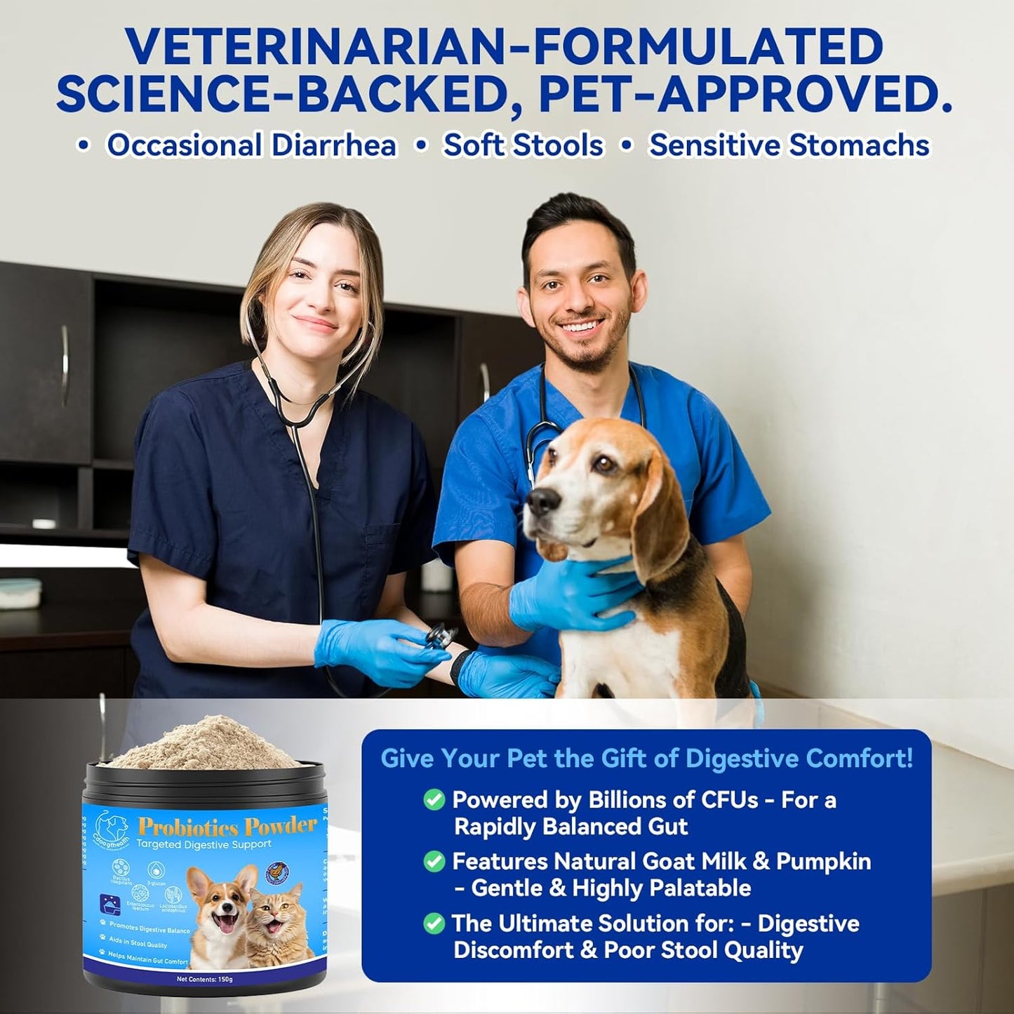 Probiotic Powder for Dogs and Cats - 5-in-1 Formula Supports Gut Health, Digestion and Immune System - with Digestive Enzymes and Pumpkin - Natural Chicken Flavor, 150g