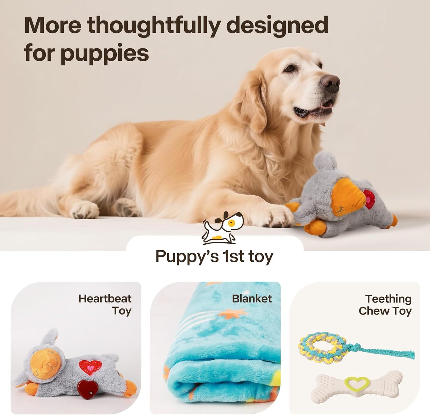 Puppy Essentials Starter Kit - New Born Dog Toys Gifts Heartbeat Puppy for Dogs, Teething Toys, Heat Packs & Cozy Blanket for Crate Training & Anxiety Relief