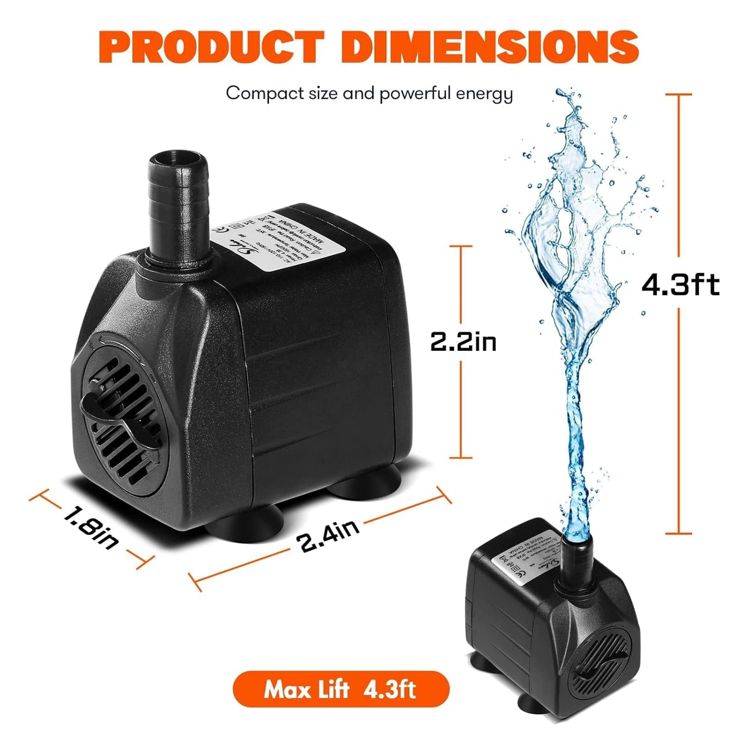 Simple Deluxe 160 GPH Submersible Water Pump (600L/H, 8W), Ultra Quiet Fountain Pump with 4.3 ft, 2 Nozzles for Aquarium, Pool, Hydroponics, Black