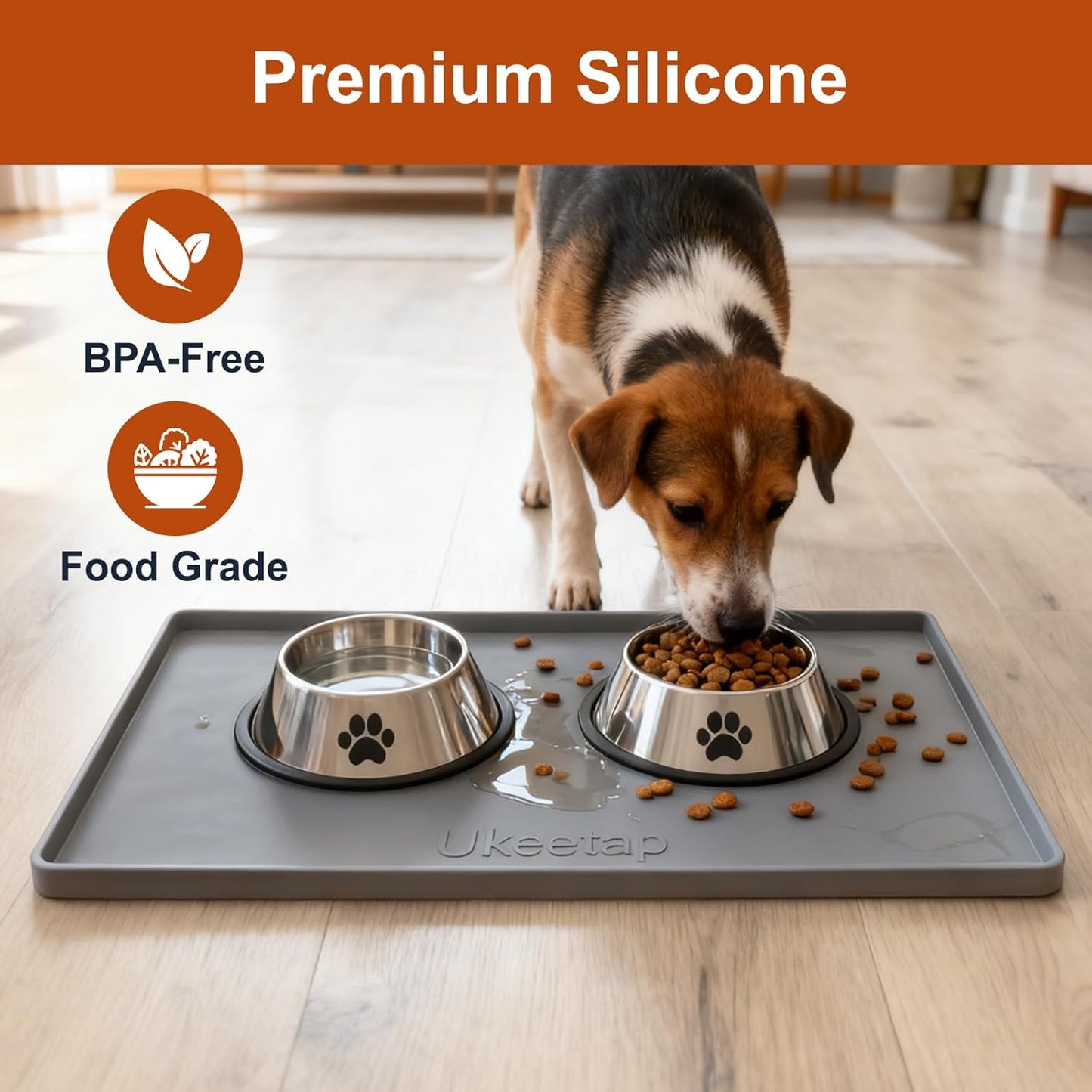 Extra Thick Silicone Mat Waterproof with Raised Edge 19” x 12”, BPA Free Non-Slip Dog & Cat Food Mat, Feeding Mat for Food and Water Bowls, Spill Proof Mat to Protect Floors, Gray