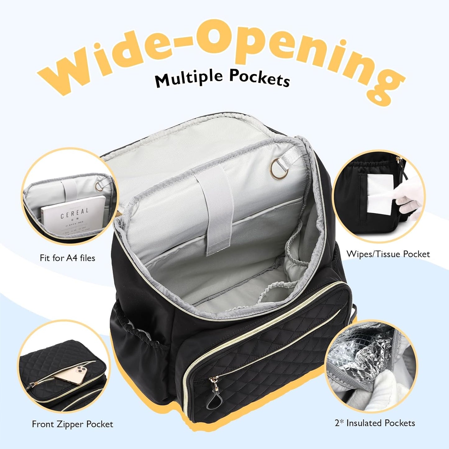 Lightweight Diaper Bag Backpack with Stroller Clips, Insulated Pockets, Baby Shower Essentials (Nylon, Black)