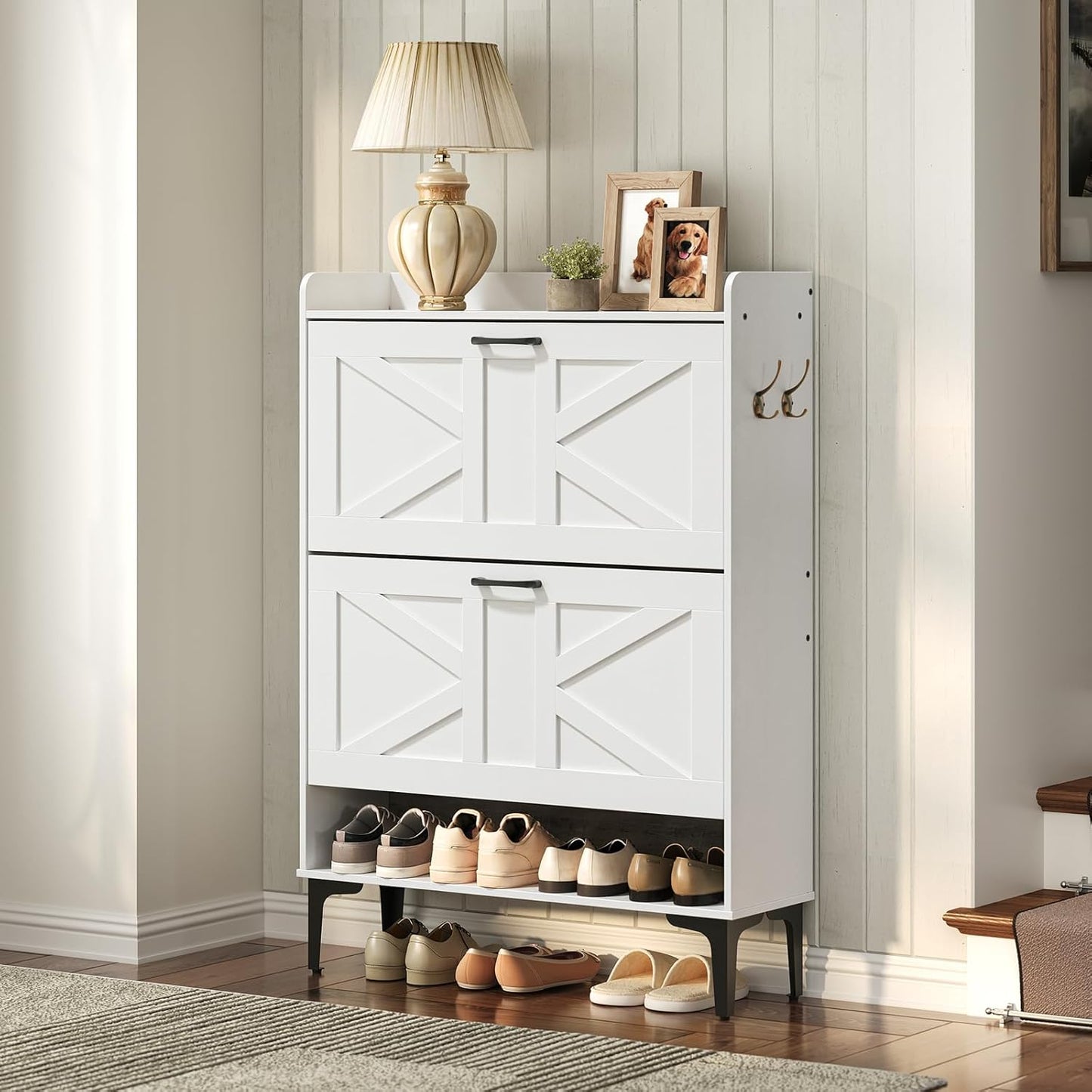 Shoe Storage Cabinet, Shoe Organizer with 2 Flip Drawers, Hidden Shoe Storage for Entryway, Freestanding Organizer with Open Storages, White SHWT9401