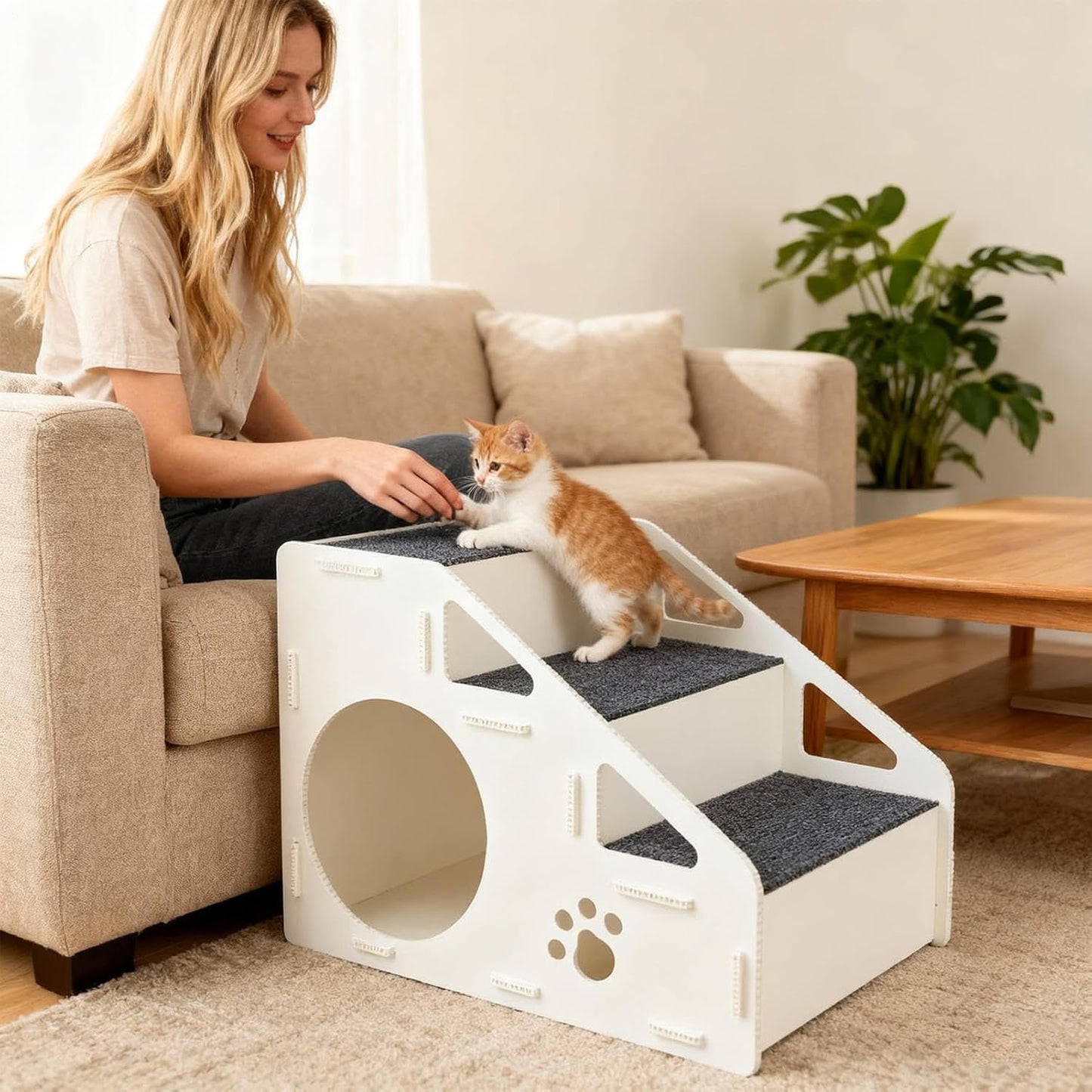 Pet Steps - 4-Step Non-Slip Cat and Dog Stairs with Built-in Cave Ramp, Soft Climbing Aid for Small Medium Large Pets, Ideal for Bed, Couch, Sofa, or Play Area, Safe Indoor Furniture