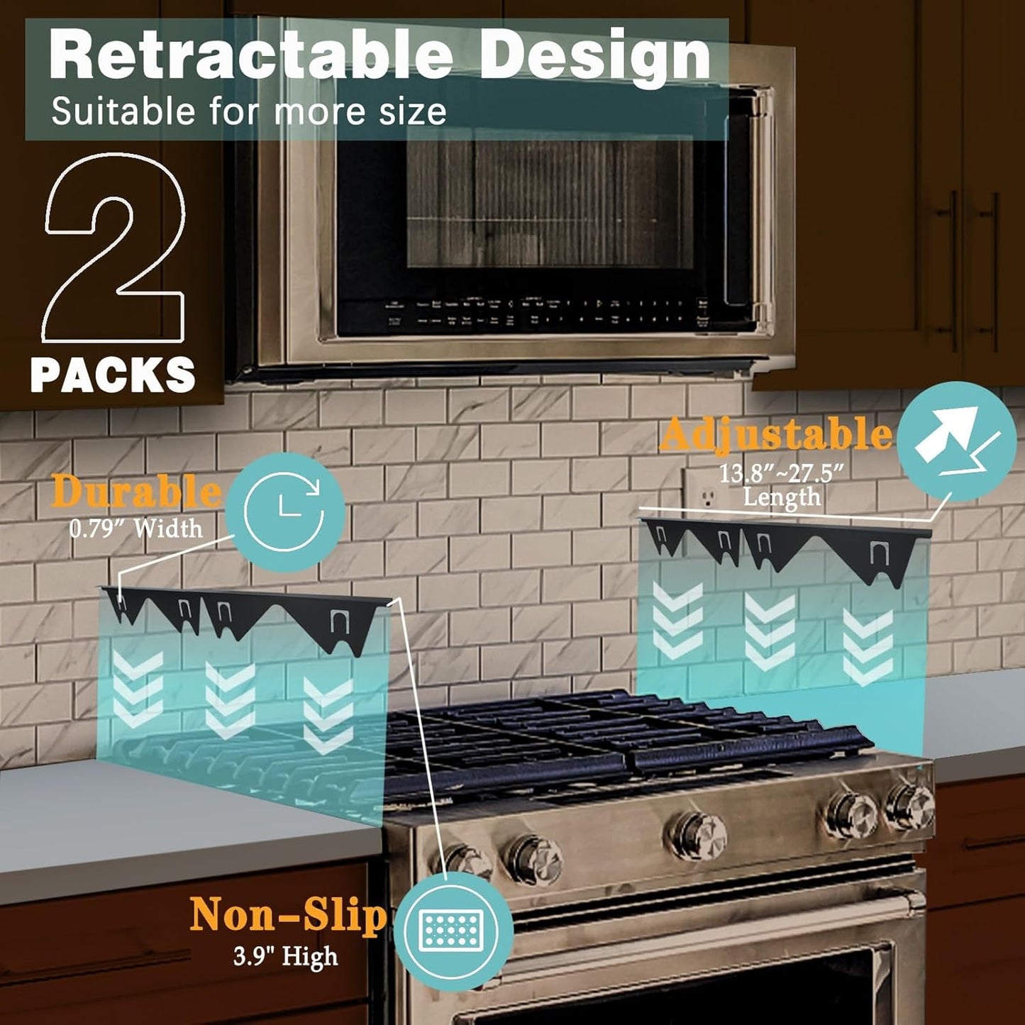 Stove Gap Covers Stainless Steel, 2 Pack Stove Gap Filler Easy Retractable Length 13.8" to 27.5", Width 0.79" ALMCALS Stove Gap Guards Range Trim Kit, Heat Resistant Guard Between Stove Top & Counter
