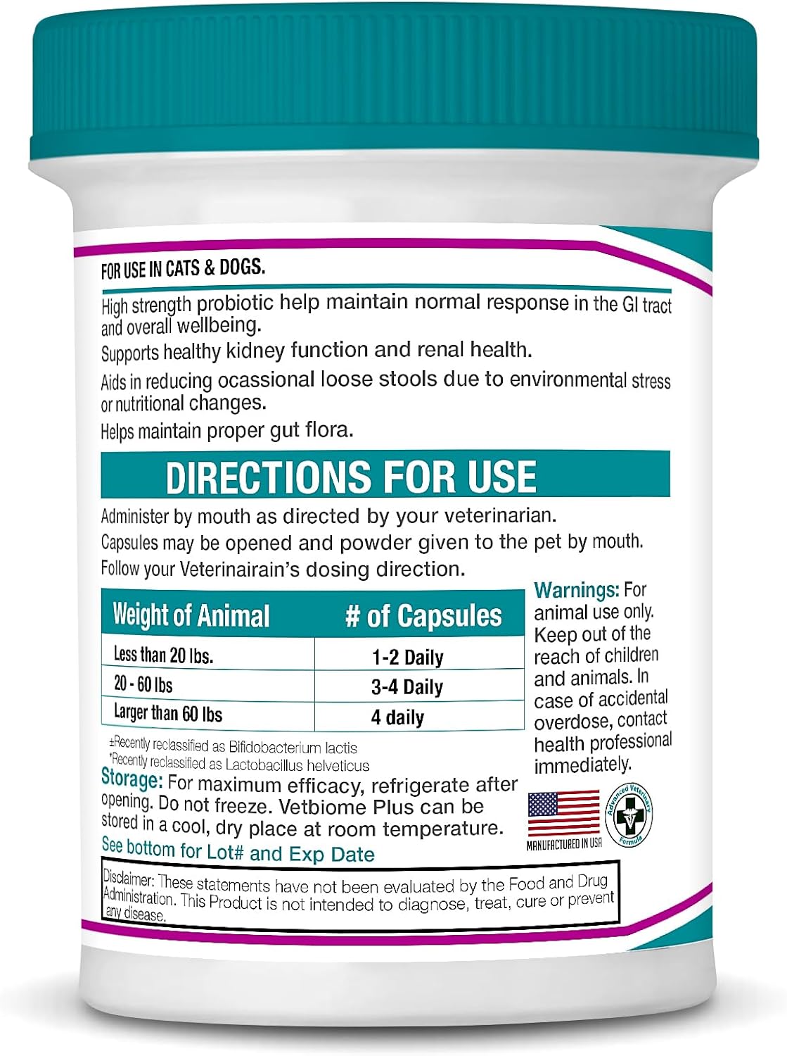 Vetbiome +® Plus High Strength Probiotics for Pets (40 Capsules) - 120 Billion CFU, 9 - Strain Formula – Third Party Tested - Made in U.S.A