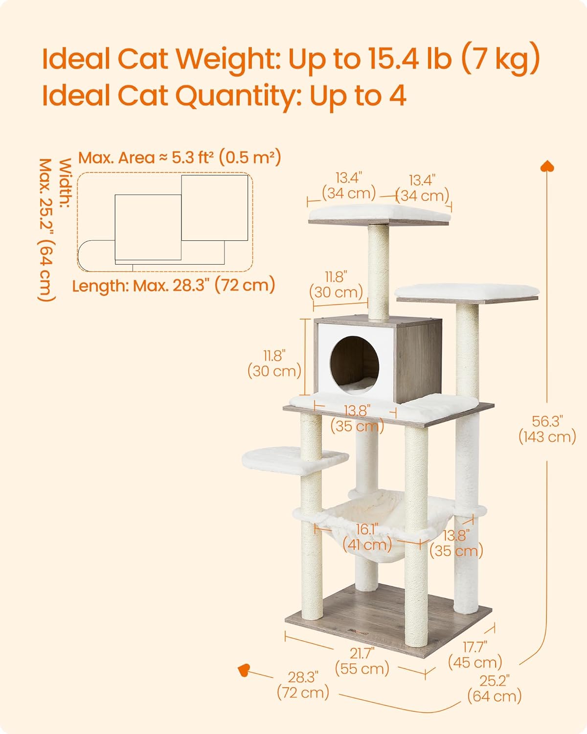 Feandrea Cat Tree, 56.3-Inch Modern Cat Tower, Multi-Level Plush Condo with Scratching Posts, Hammock, Washable Cushion, Heather Greige UPCT164G01