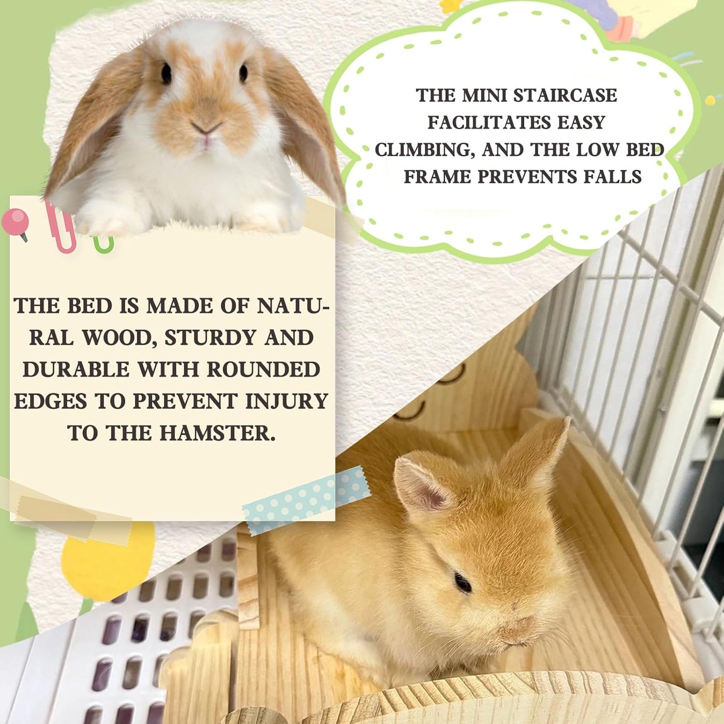 Solid Wood Rabbit Bed with Mini Staircase, Natural Wood Small Animal Bed for Rabbits, Hamsters, Hedgehogs - Low Bed Frame with Rounded Edges for Safe Climbing, Prevents Falls & Comfort Rest