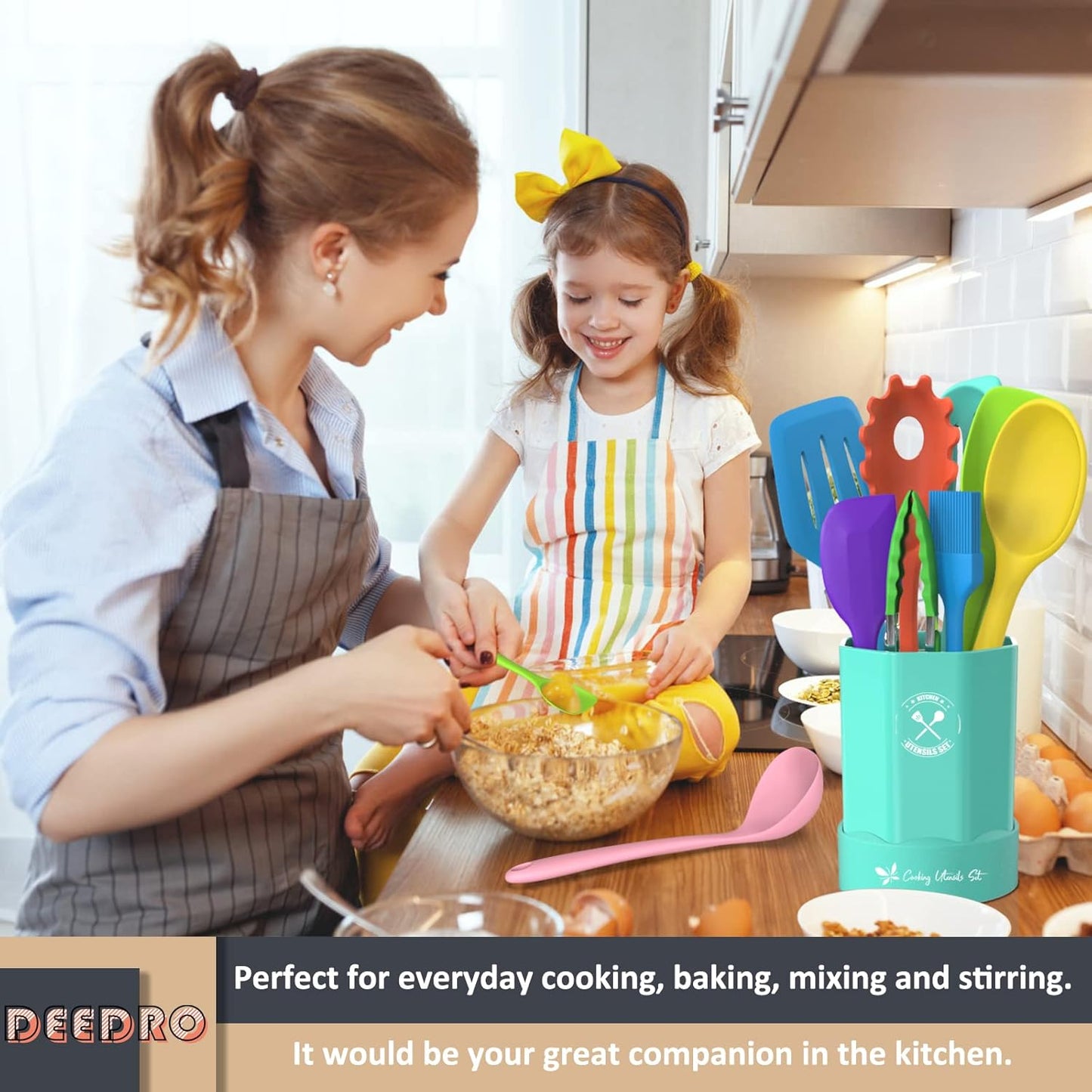 Silicone Kitchen Utensils Set, 16-Piece Silicone Cooking Utensils by Deedro, Heat Resistant Kitchen Tools Set with Holder, Nonstick Spatula Kitchen Gadgets for Cooking & Baking, Colorful
