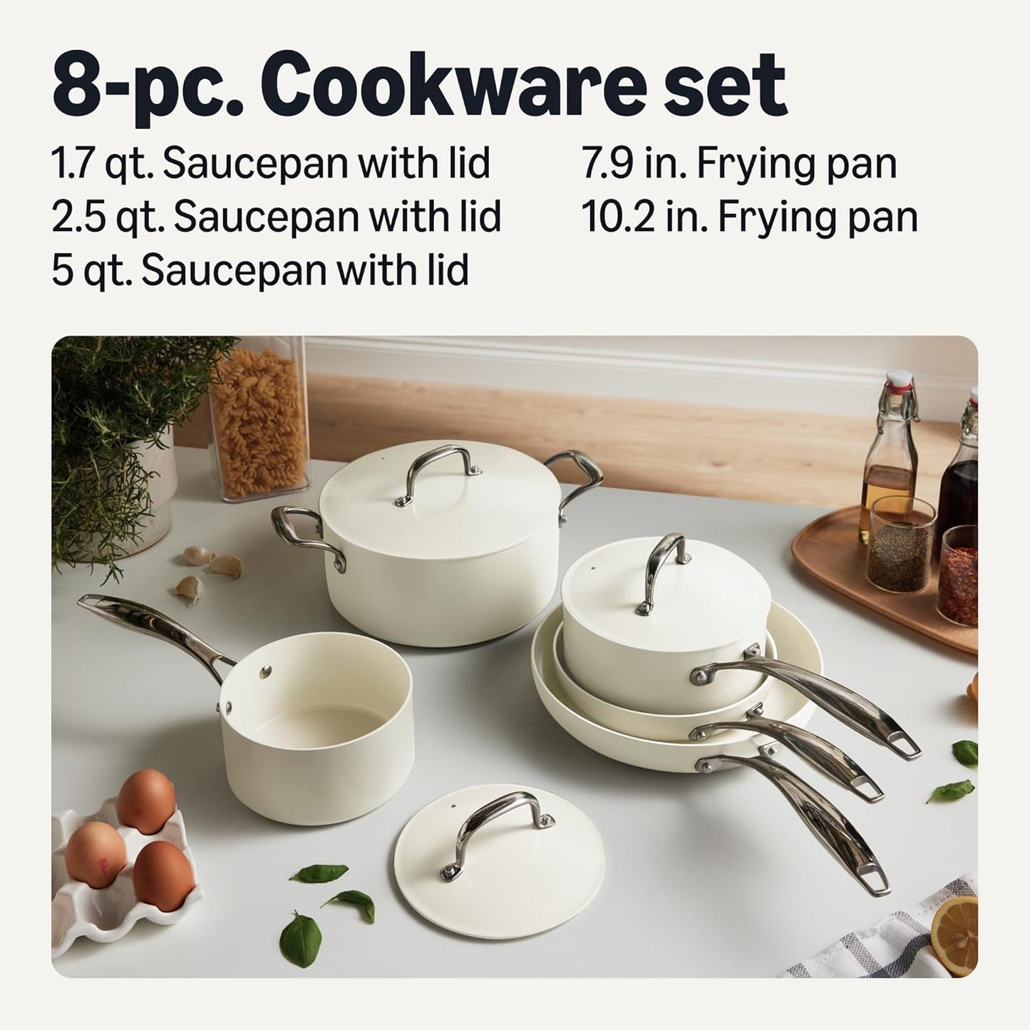 Amazon Basics Ceramic Nonstick Cookware, 8-Piece Set of Pots and Pans, Dishwasher and Oven-Safe, All Cooktop Induction Friendly, Ivory
