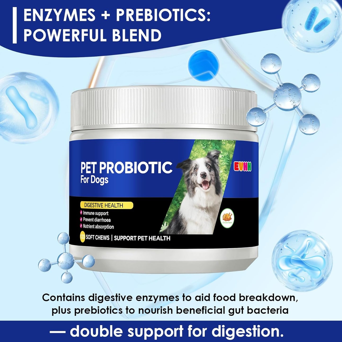 Probiotics for Dogs with Digestive Enzymes & Prebiotics - Diarrhoea Relief, Gut Health Support, Immune & Anti-Itch Function, Chicken Flavor, 120 Chews