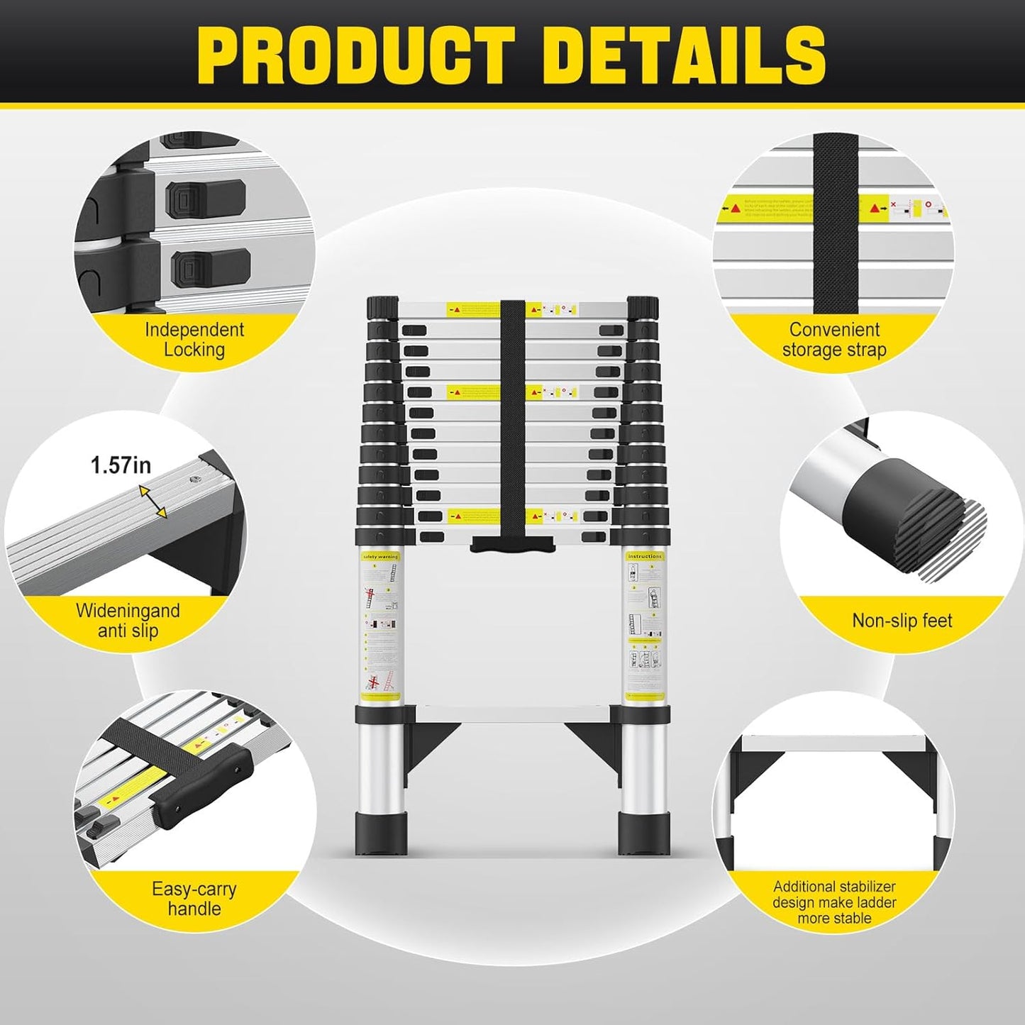 Telescoping Ladders,12.5 FT Aluminum Telescopic Ladder with Triangle Stabilizers and Non-Slip Feet,Portable Collapsible Extension Ladder for Home,RV,Outdoor Work,330lbs Max Capacity