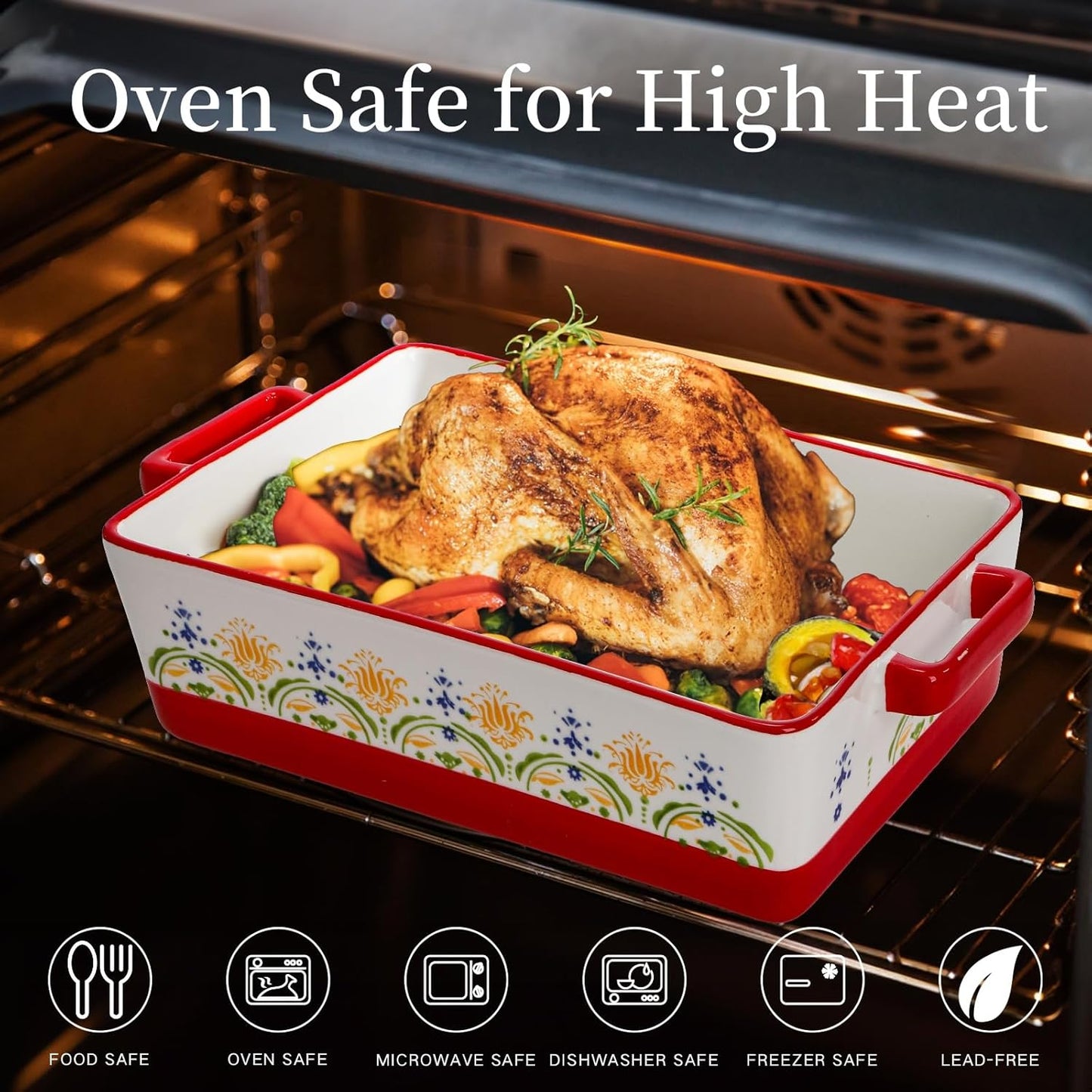 Set of 3 Ceramic Baking Dishes, Rectangular Casserole Dish for Oven, Ceramic Bakeware Lasagna Pan Deep with Handles for Cooking, Baking, Wedding Gift, 3 Sizes (12''/10.7''/7.7''), Red